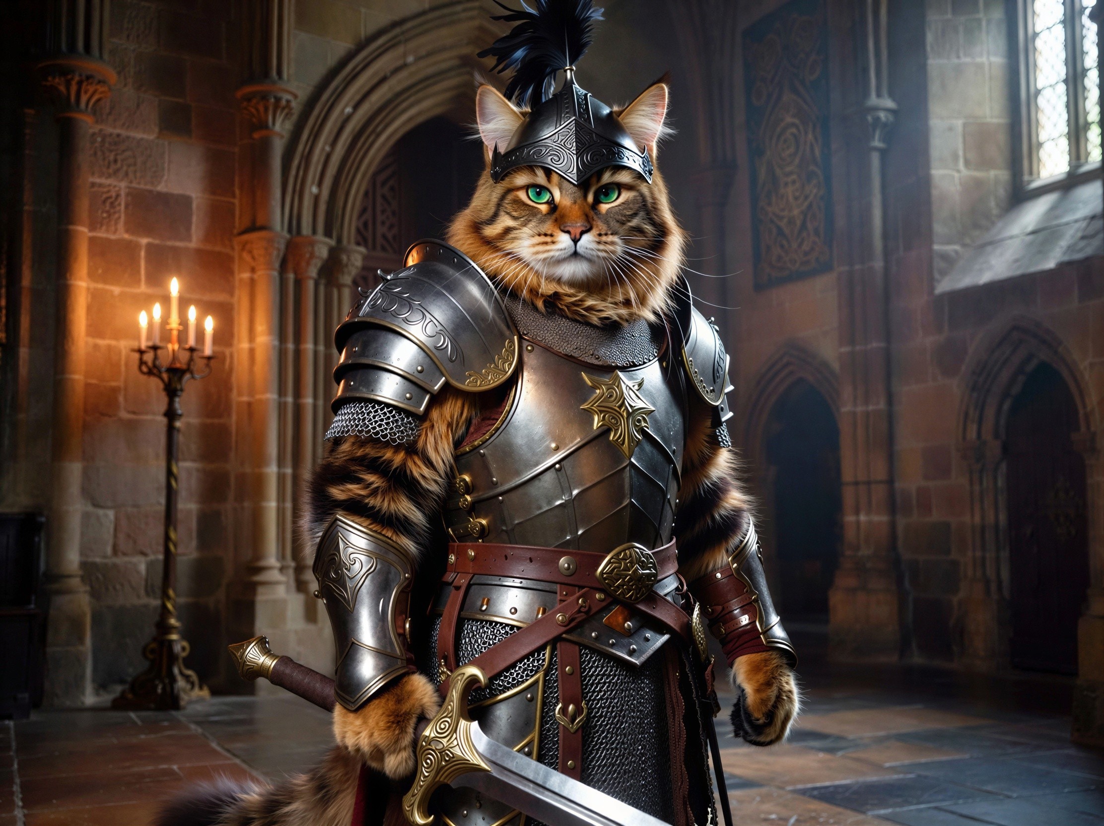 Regal Tabby Cat Knight in Medieval Armor Inside Castle