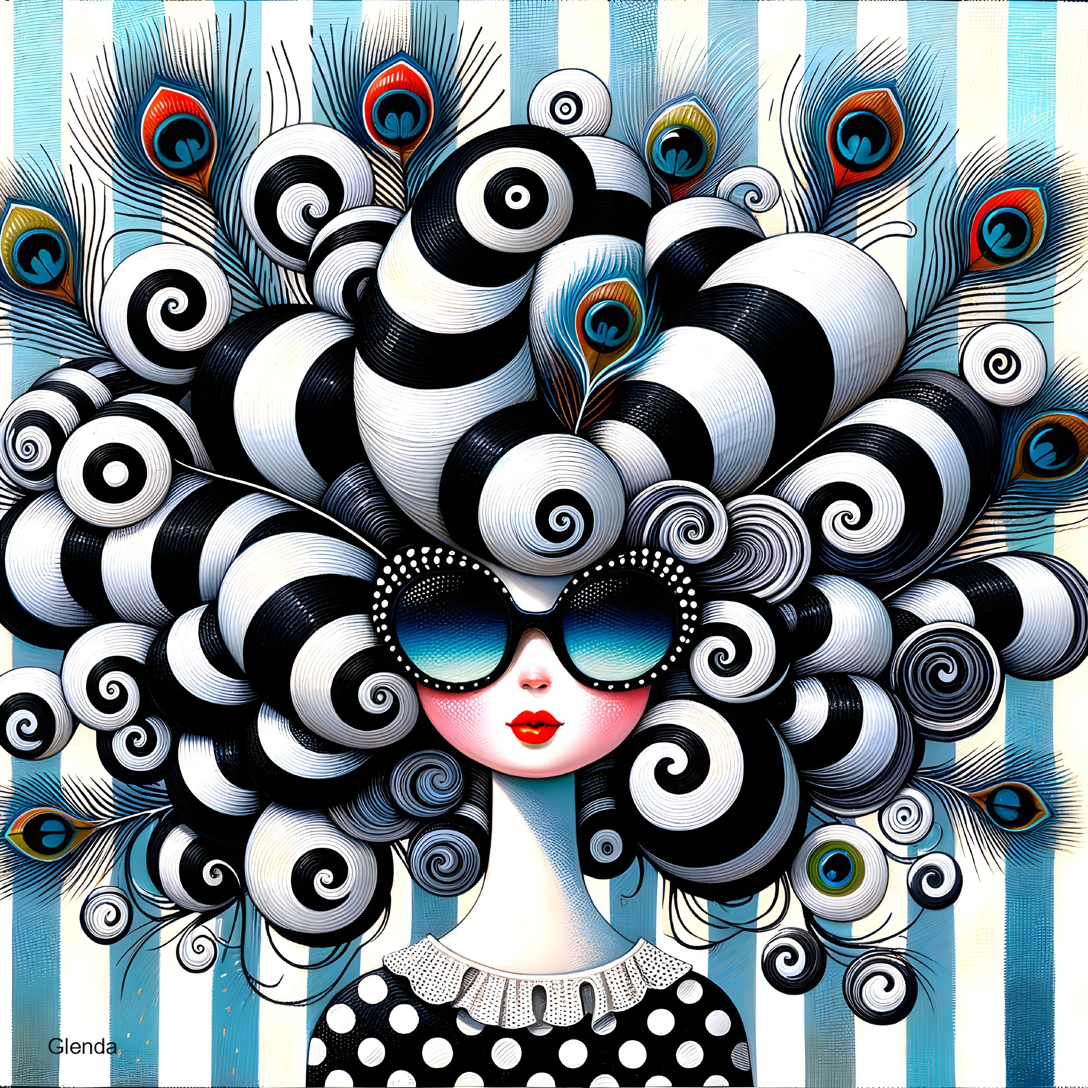 Whimsical Illustration of Girl with Spiraled Hair and Sunglasses