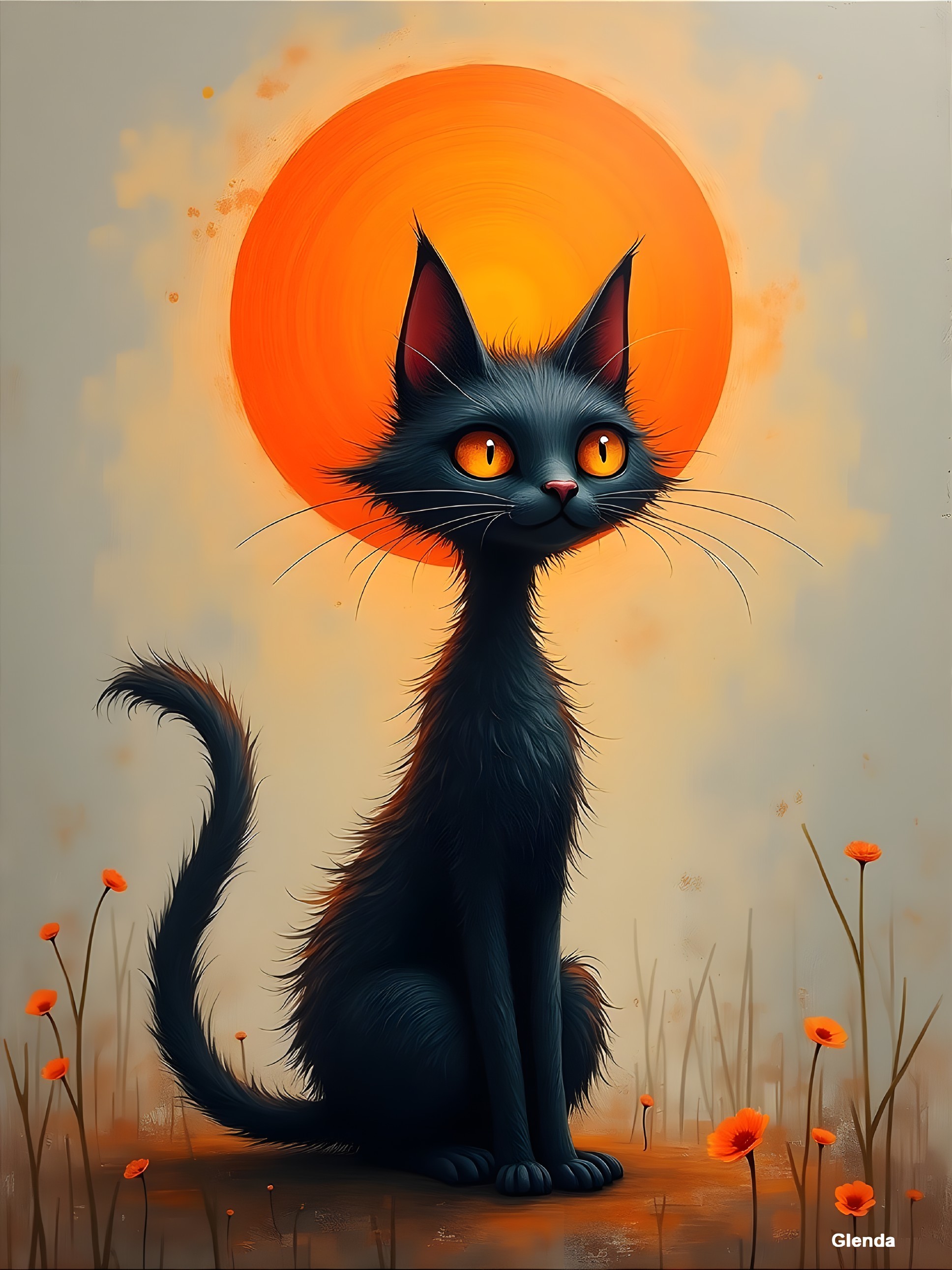 Whimsical Black Cat Against Vibrant Orange Sun