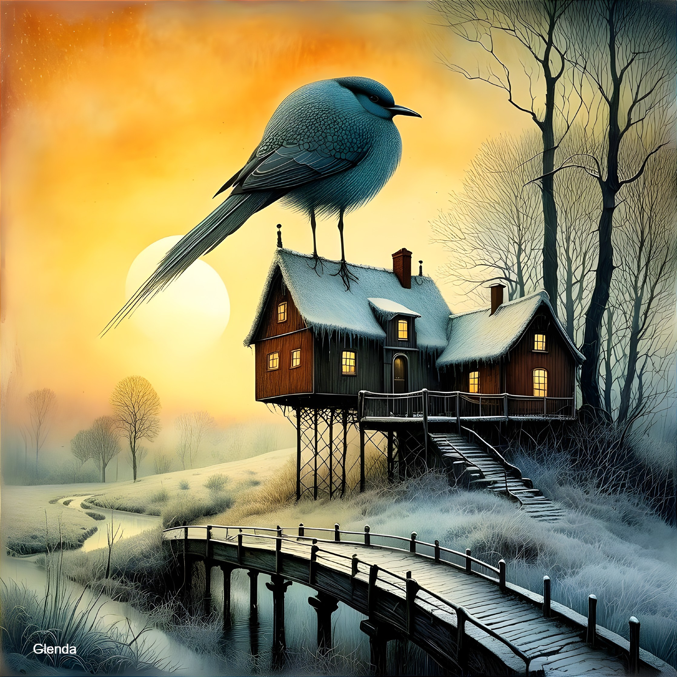 Whimsical Blue Bird on Rustic House at Sunset