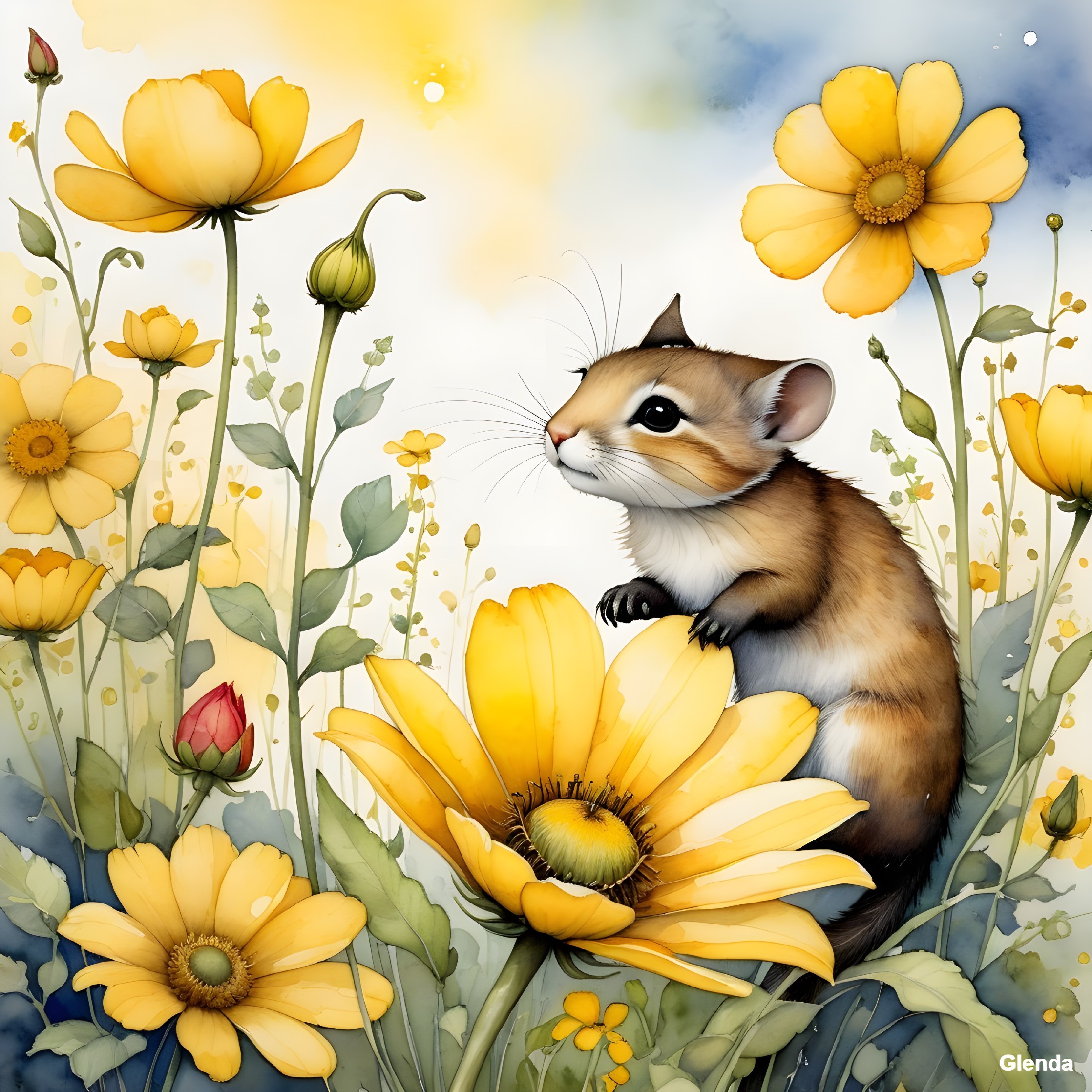Chipmunk on Yellow Flower in Colorful Blossom Field