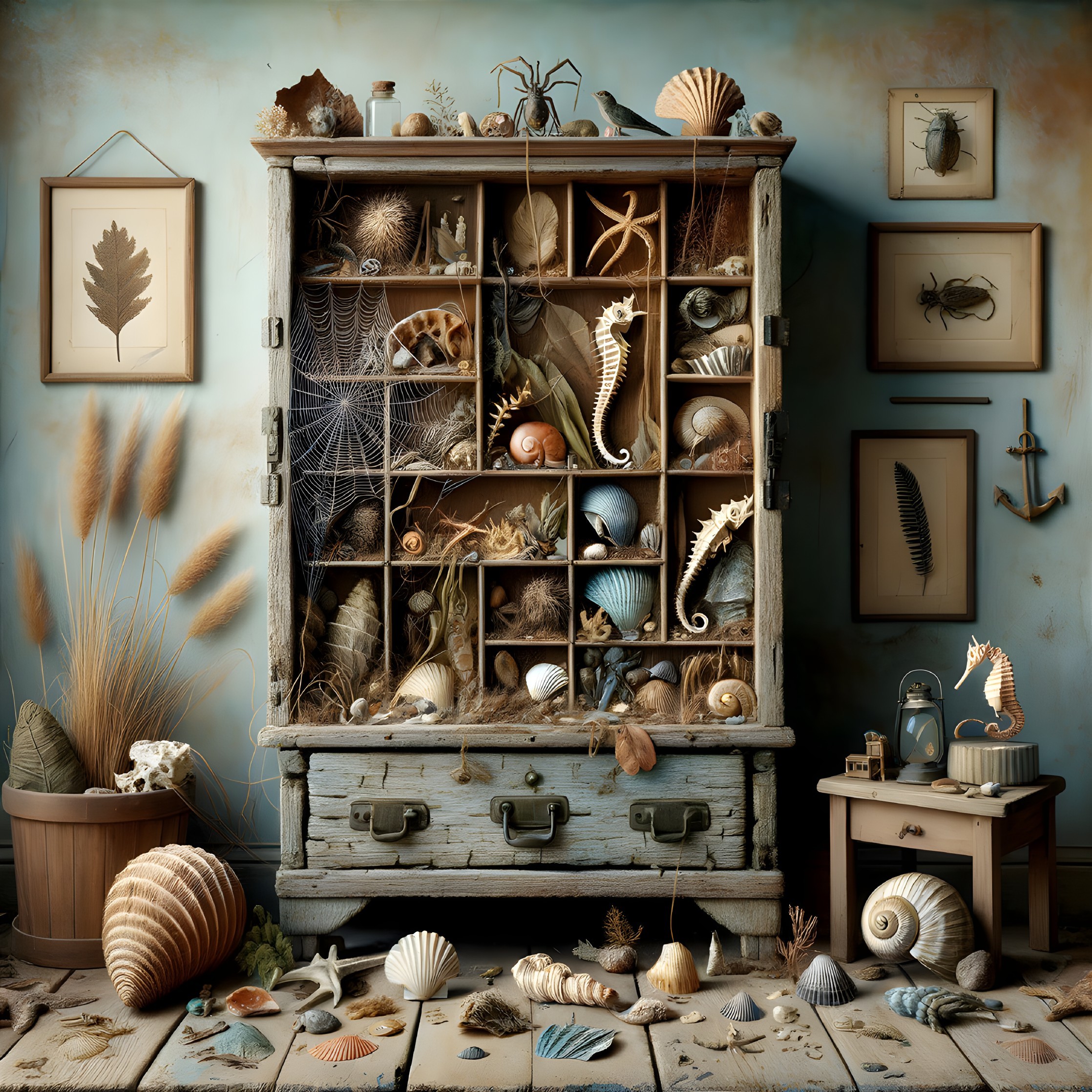 Vintage Cabinet with Natural Curiosities Displayed