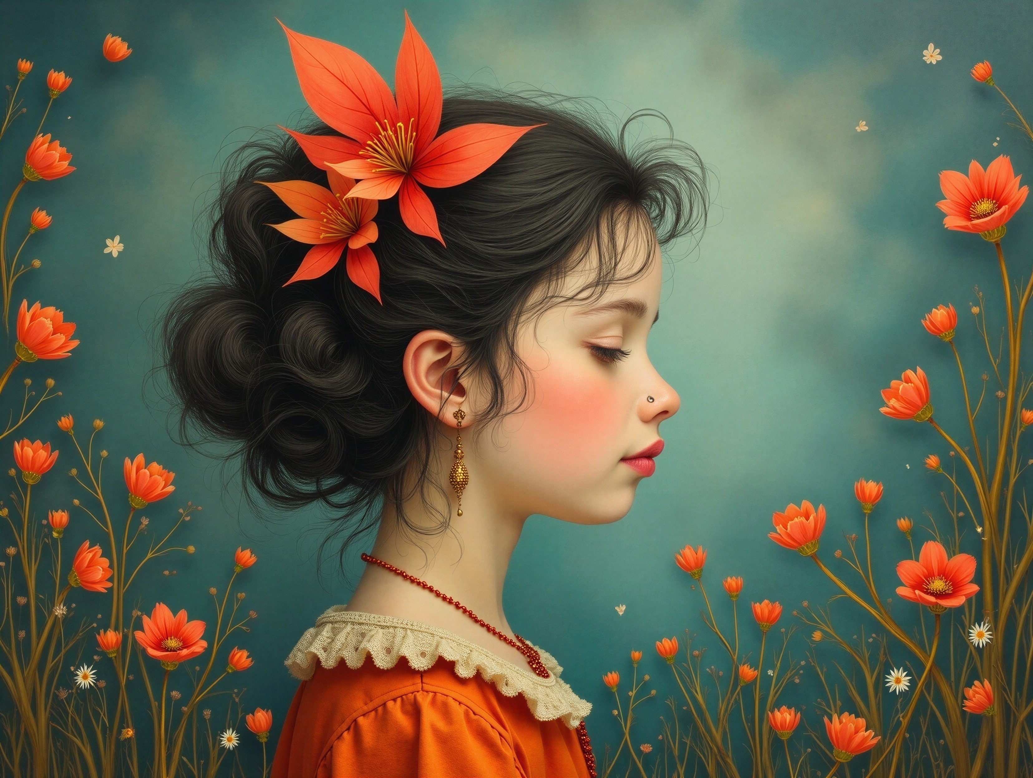 Young girl with curly hair and orange flowers