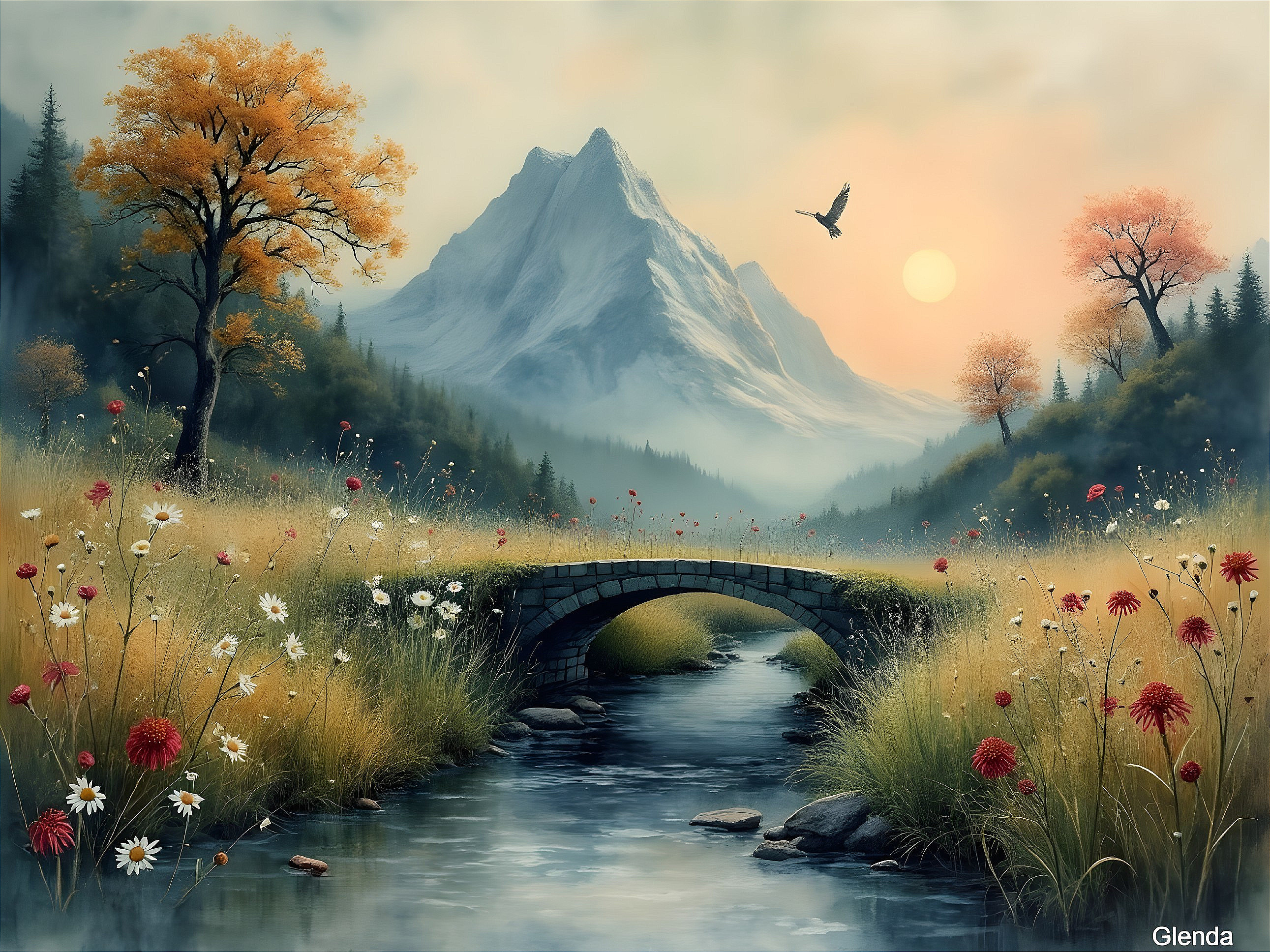 Serene Sunset Landscape with Mountain and Stream