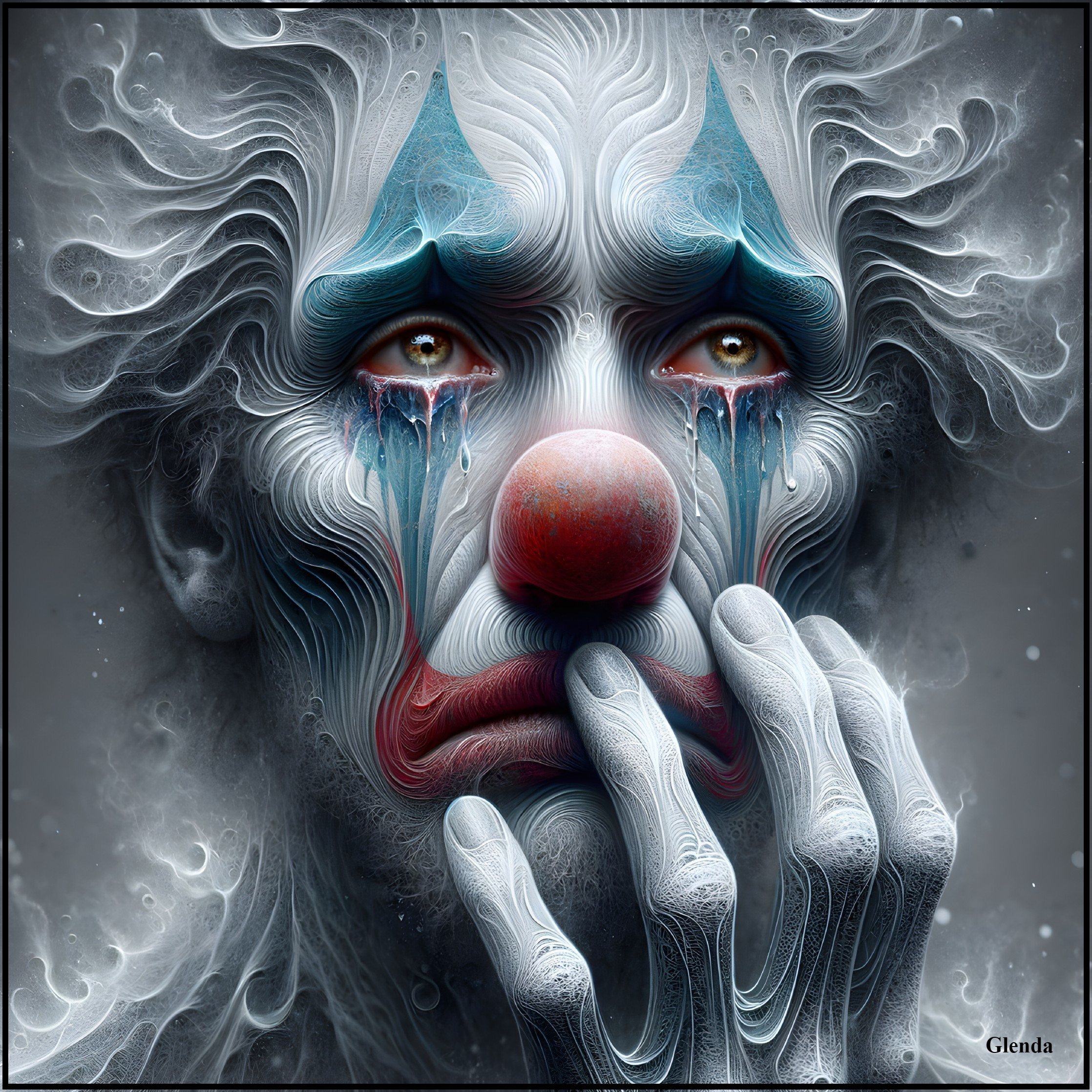 Surreal Clown Figure with Somber Expression and Patterns