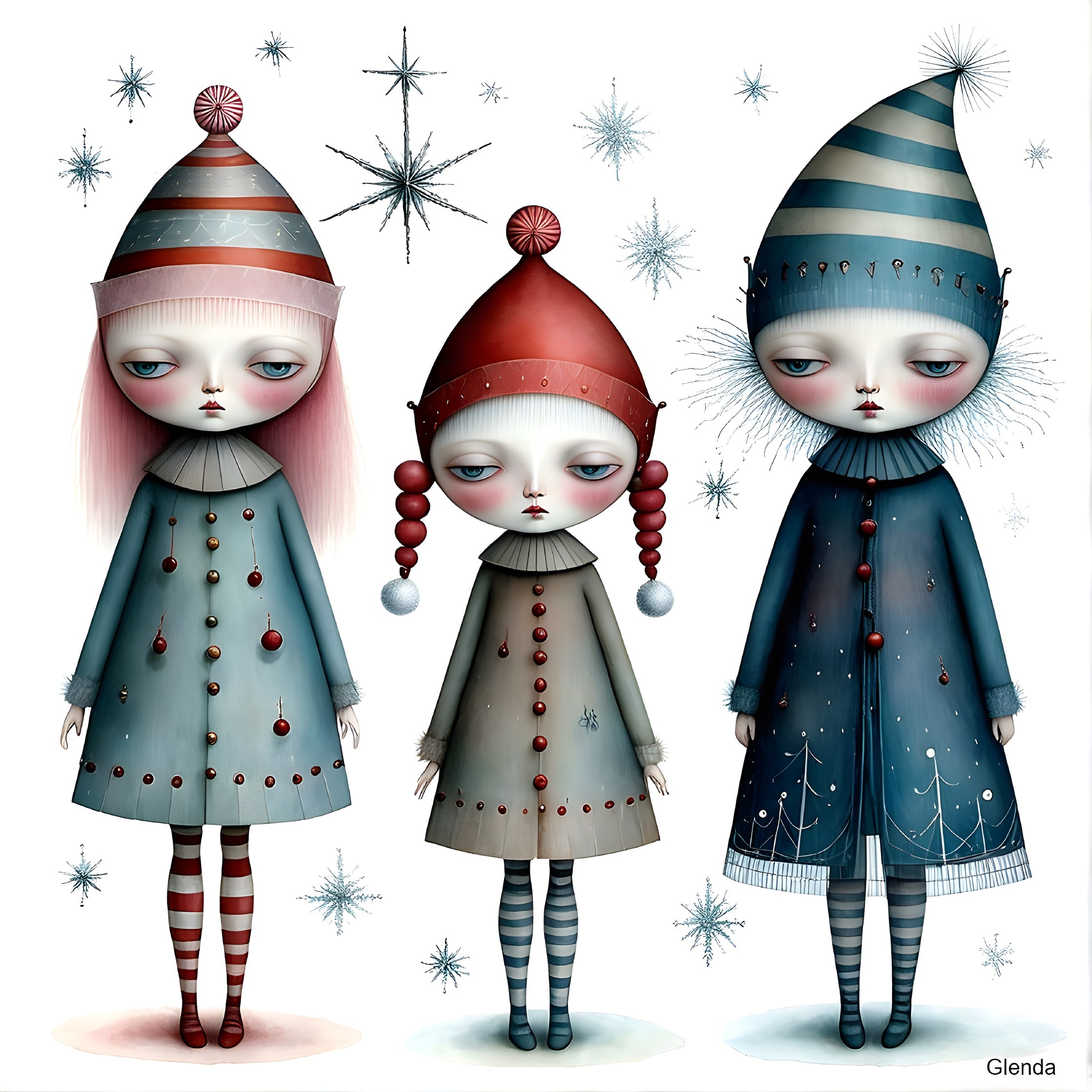 Whimsical Doll-Like Figures in Colorful Winter Attire