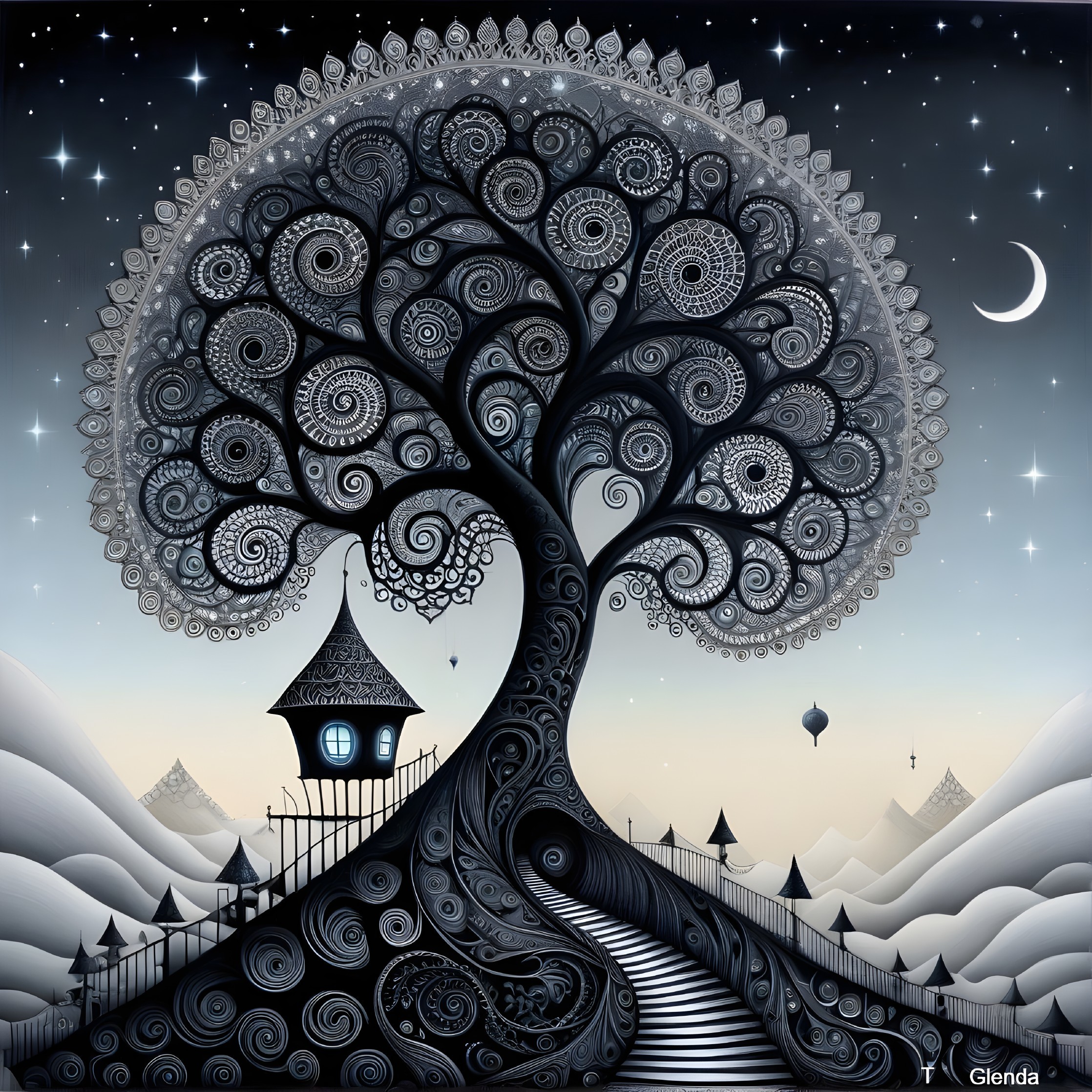 Whimsical Black-and-White Tree Illustration with House