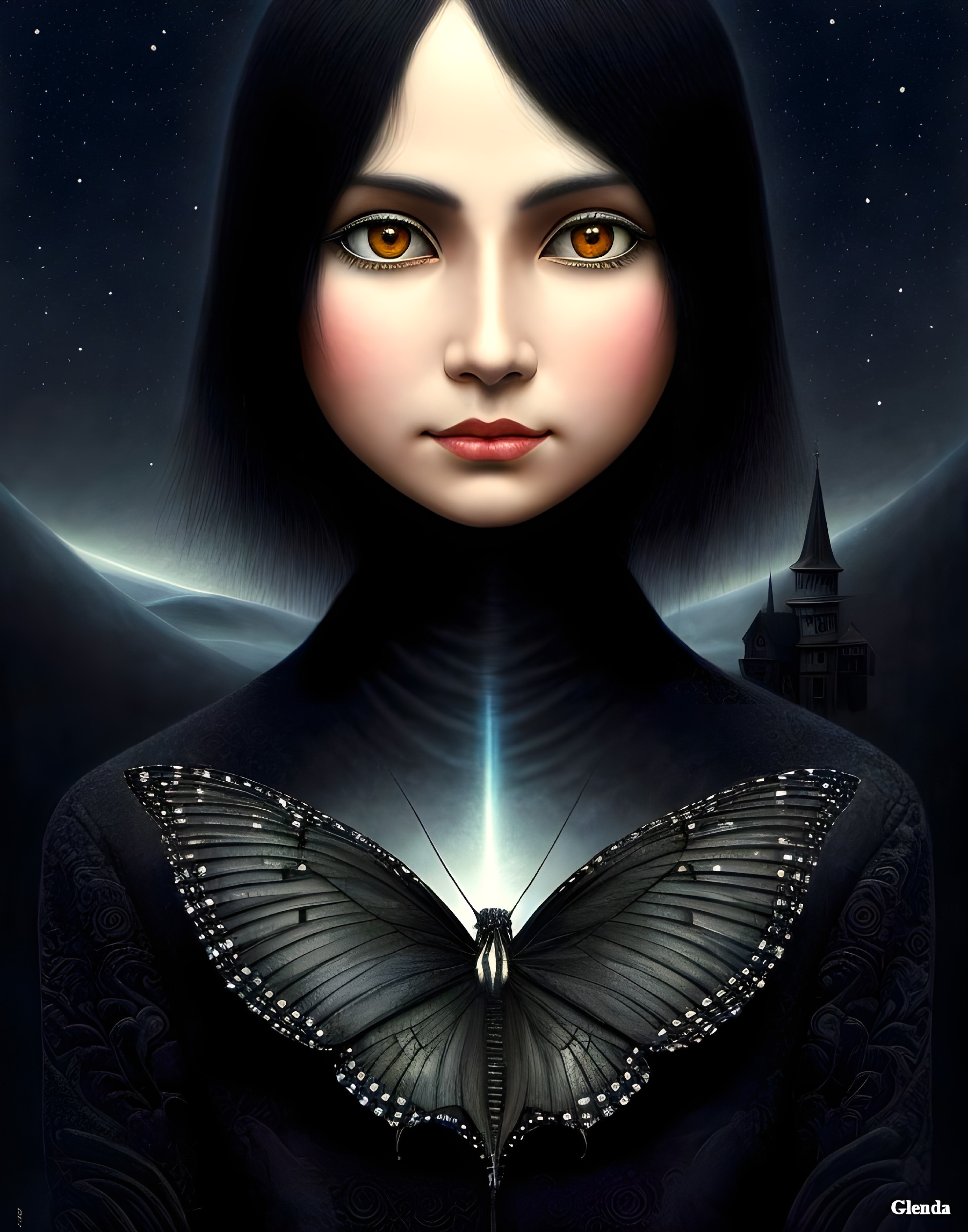 Young woman with golden eyes and butterfly in night scene