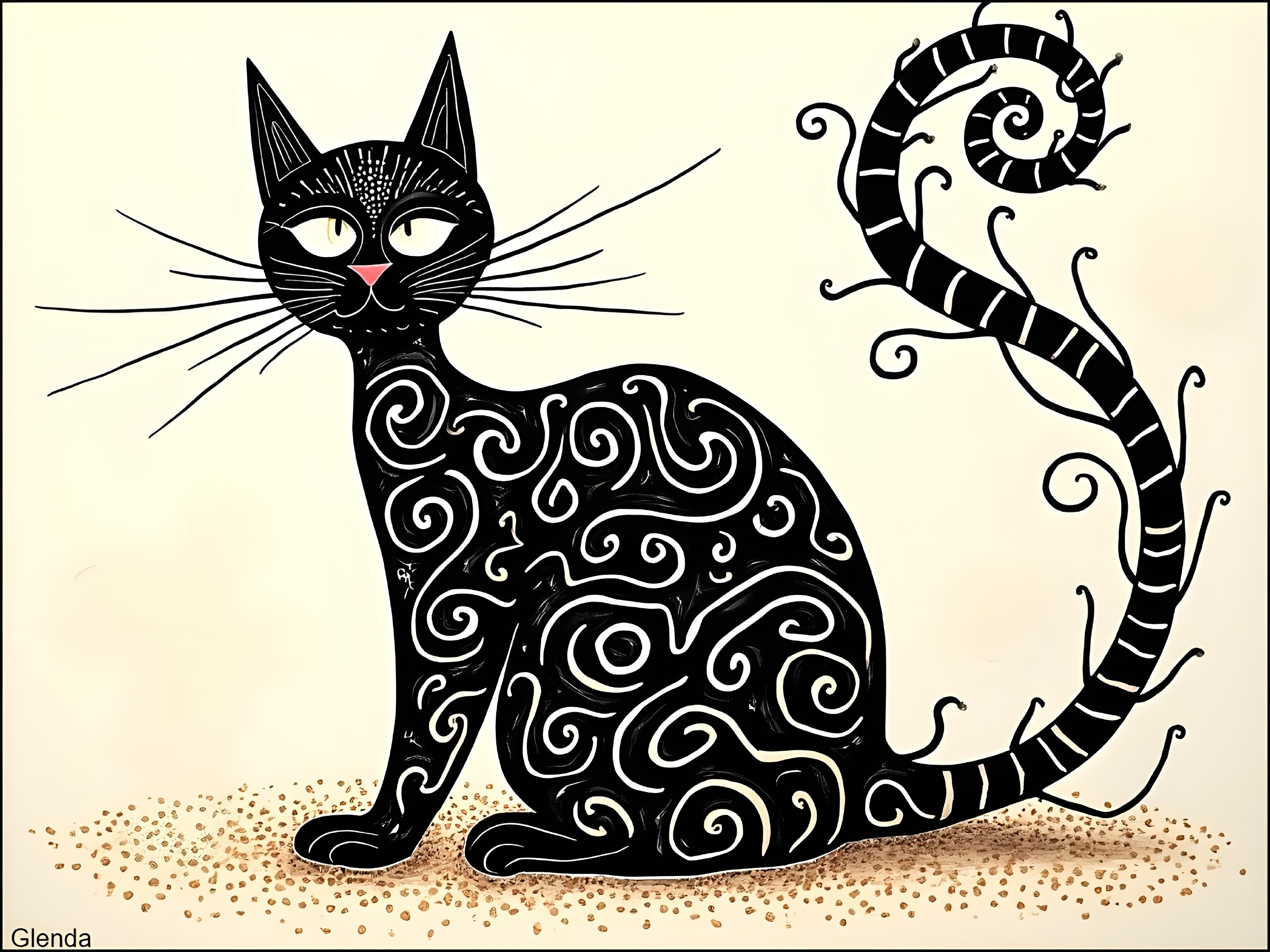 Whimsical Black Cat with Intricate Patterns on Beige