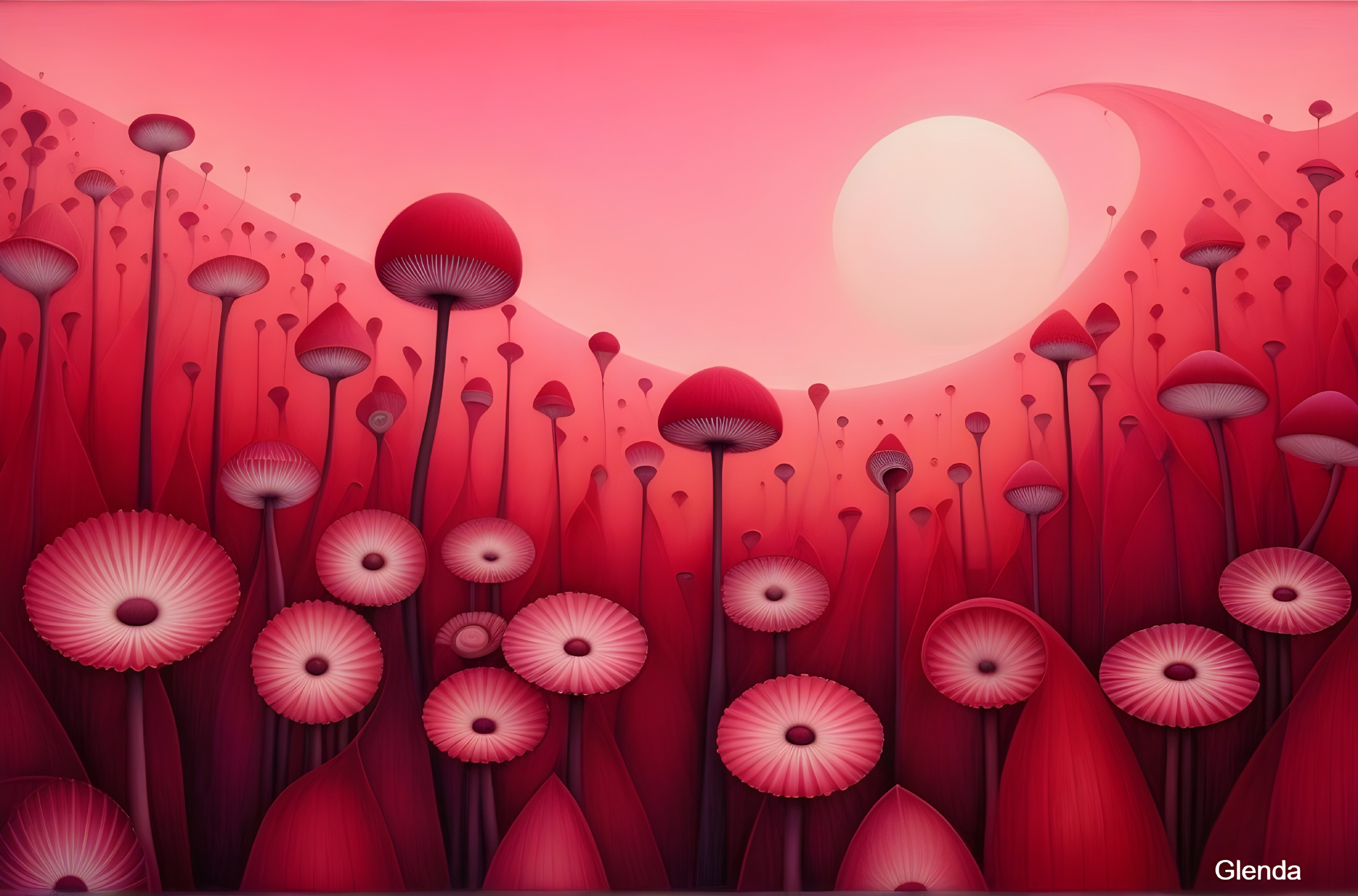 Vibrant Abstract Landscape with Mushrooms and Flowers