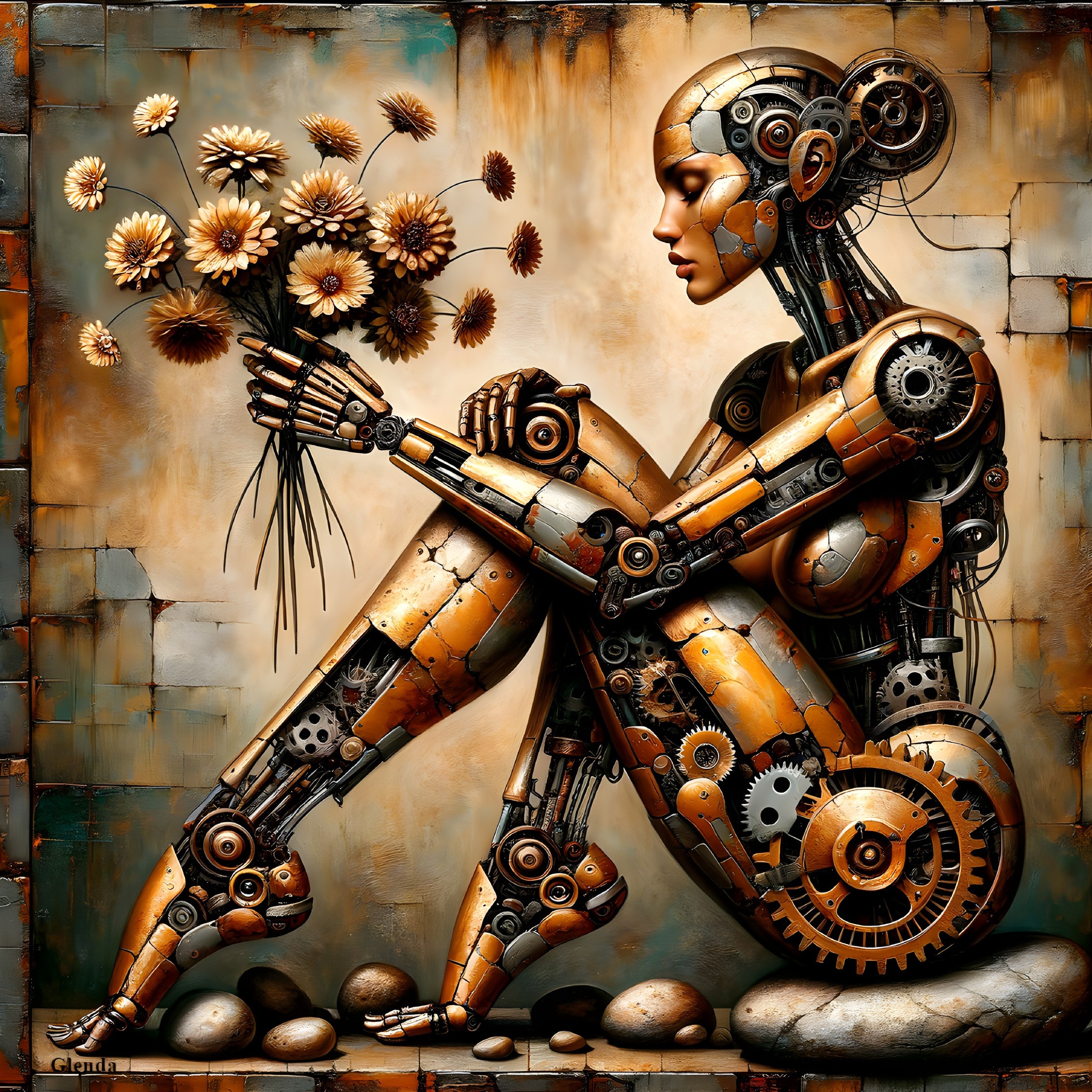 Humanoid Robot with Flowers in Earthy Background