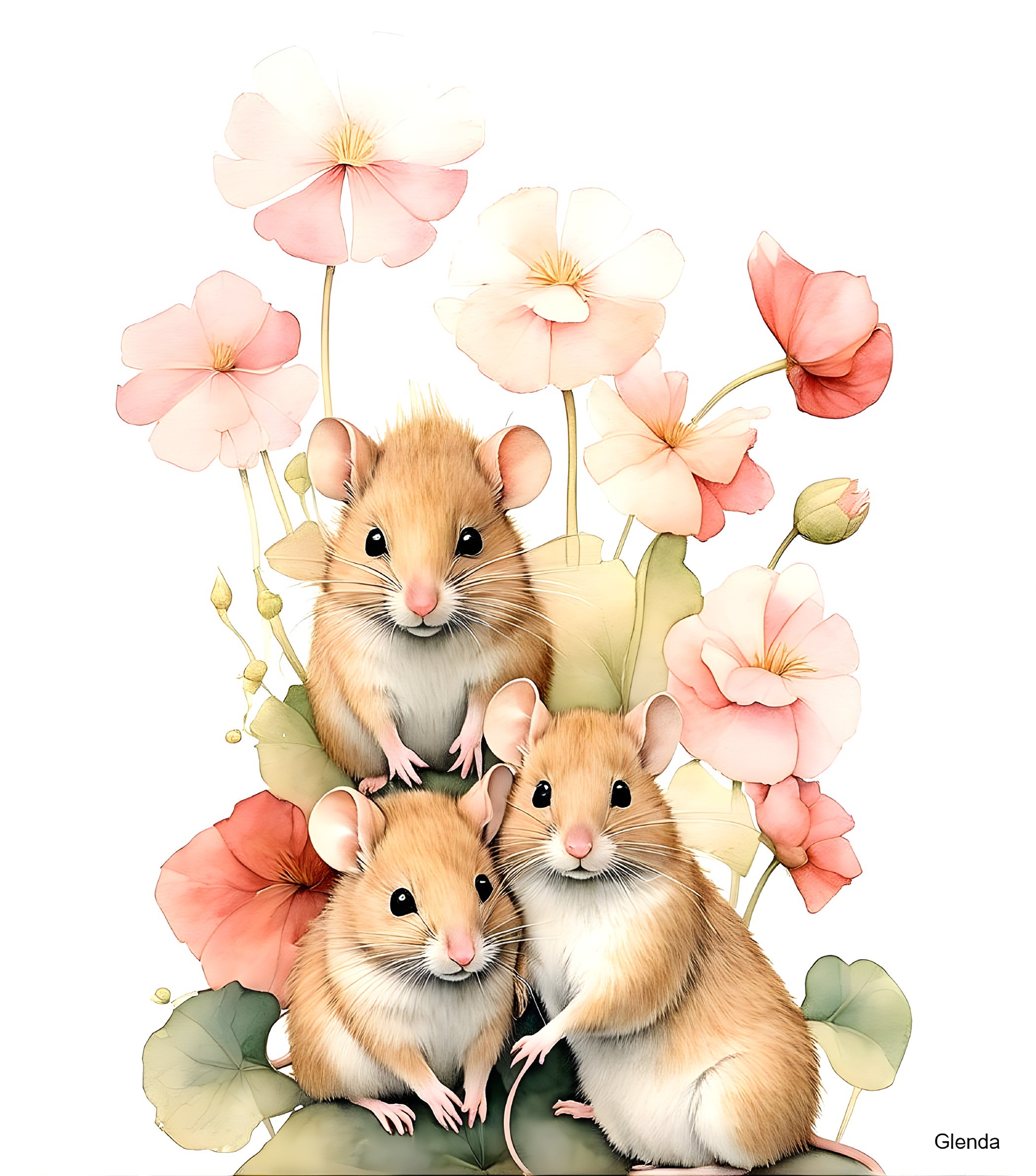 Realistic Mice Among Pastel Flowers in Whimsical Scene