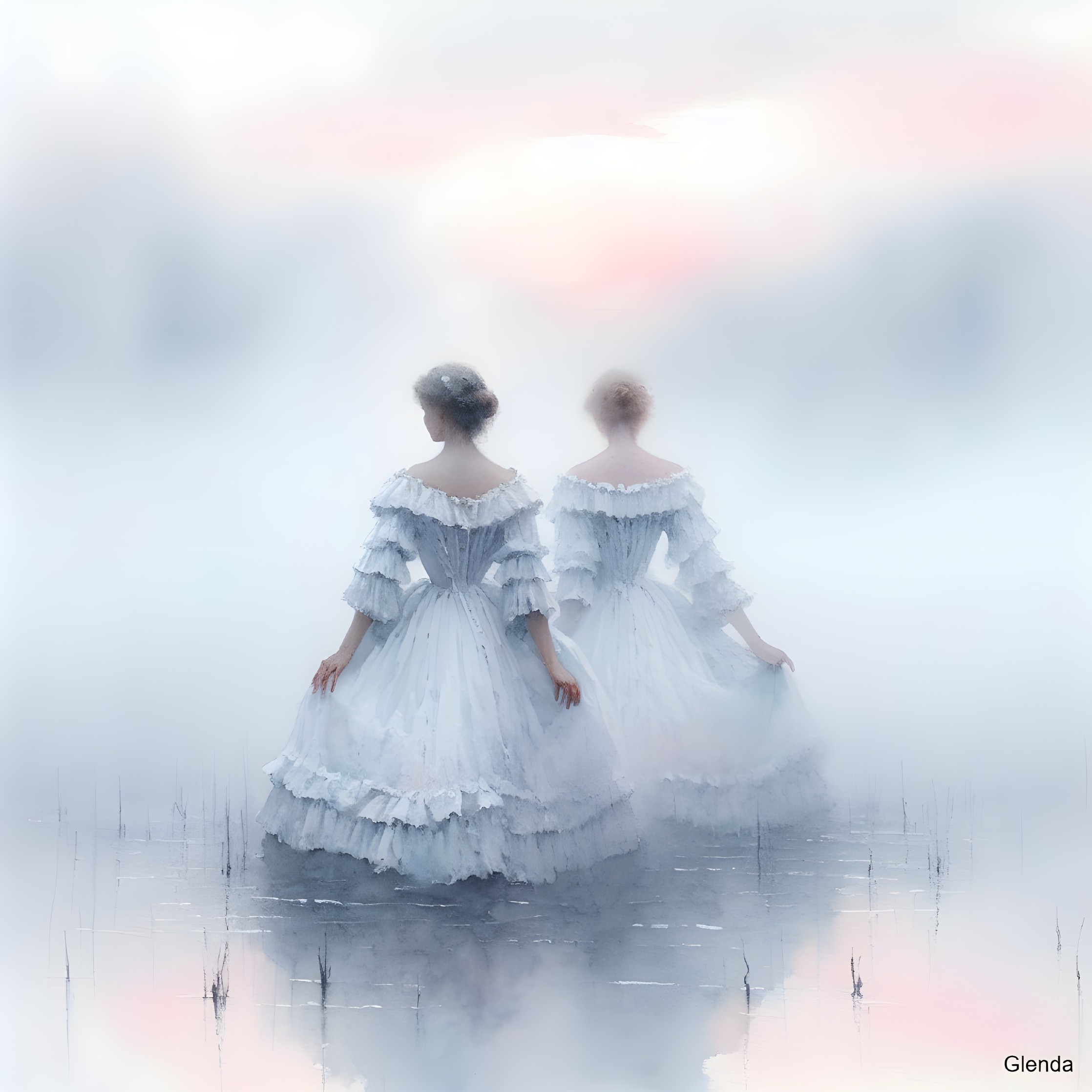 Ethereal Figures in White Dresses in Misty Landscape
