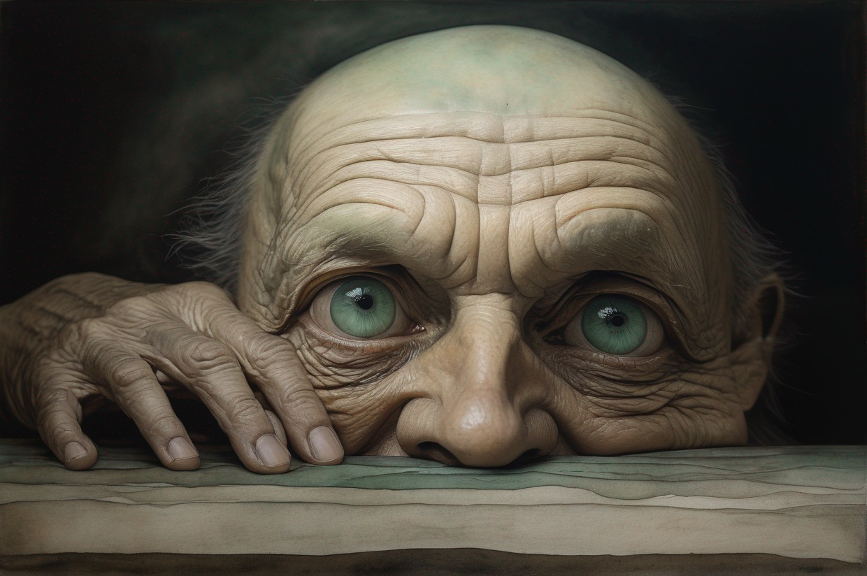 Close-up of an elderly person's expressive face and hands