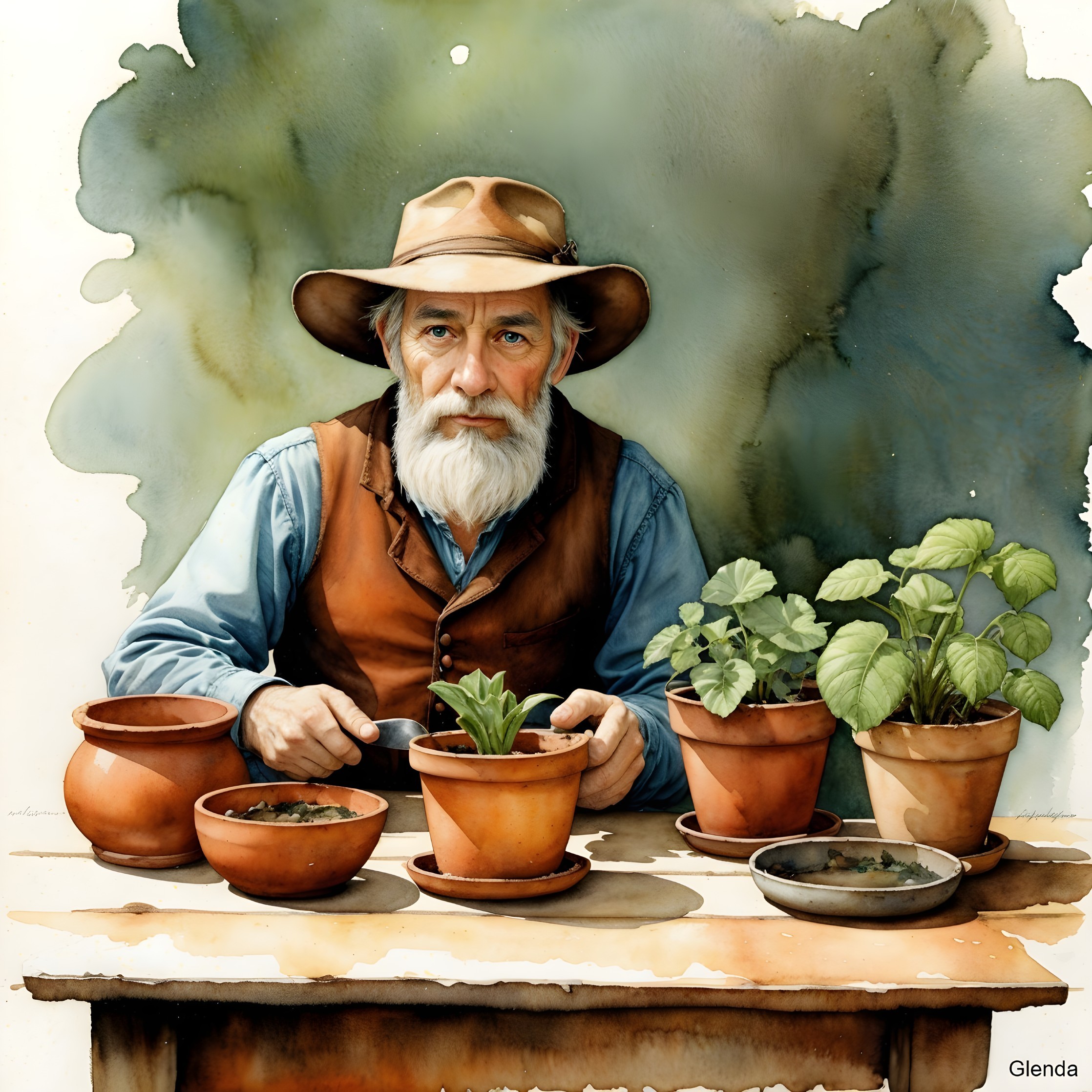 Older man tending to plants at a wooden table