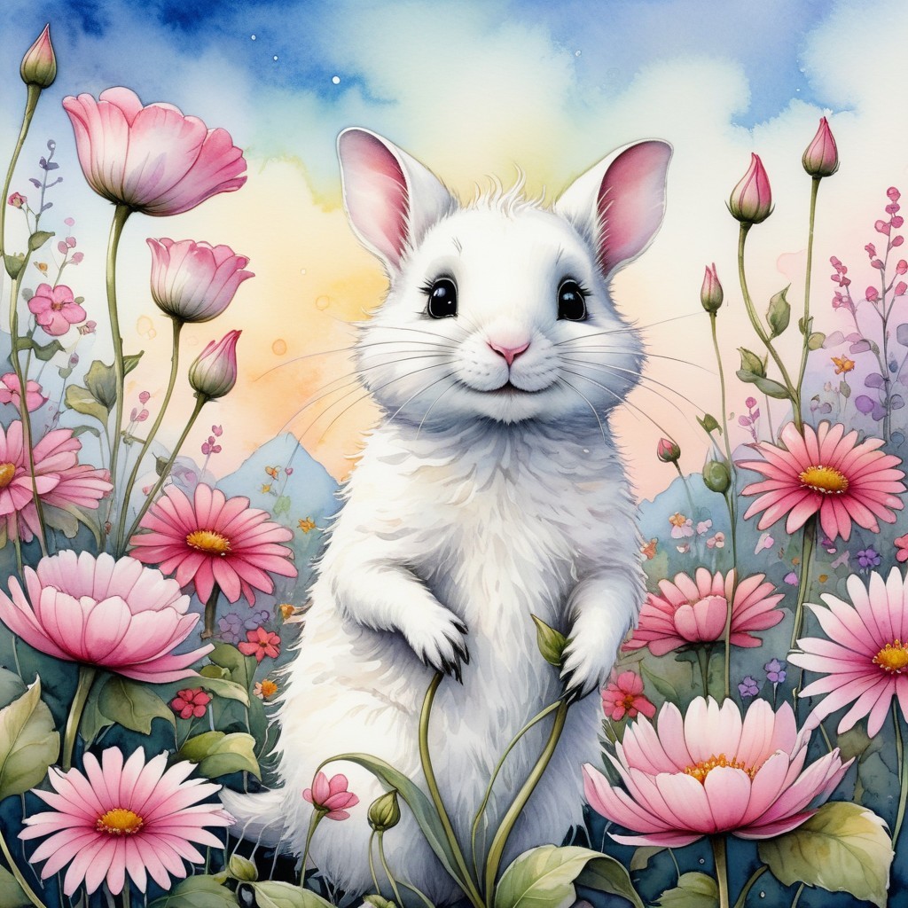 Fluffy White Rabbit Surrounded by Pink Flowers