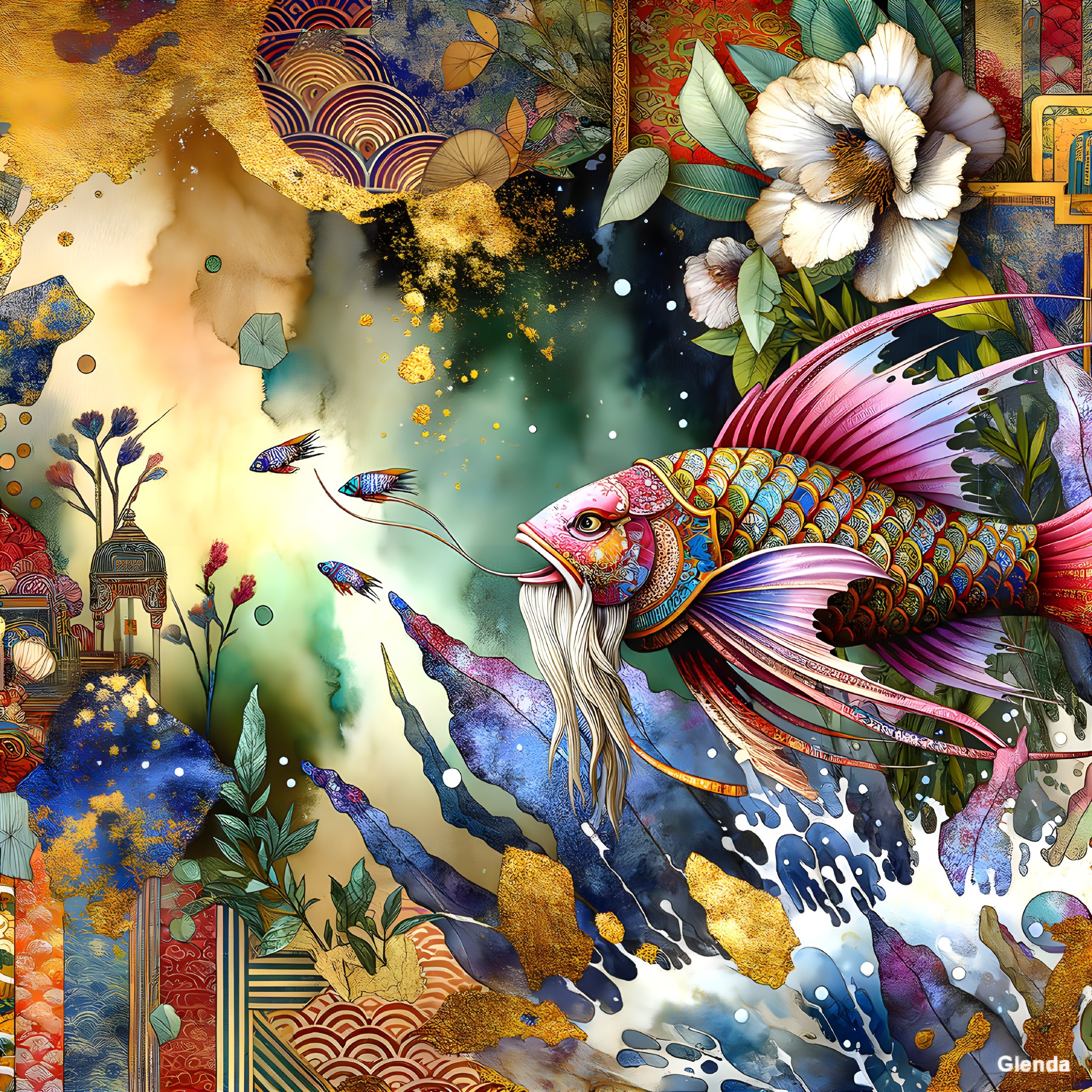 Colorful Fish Swimming Through Dynamic Waves and Patterns