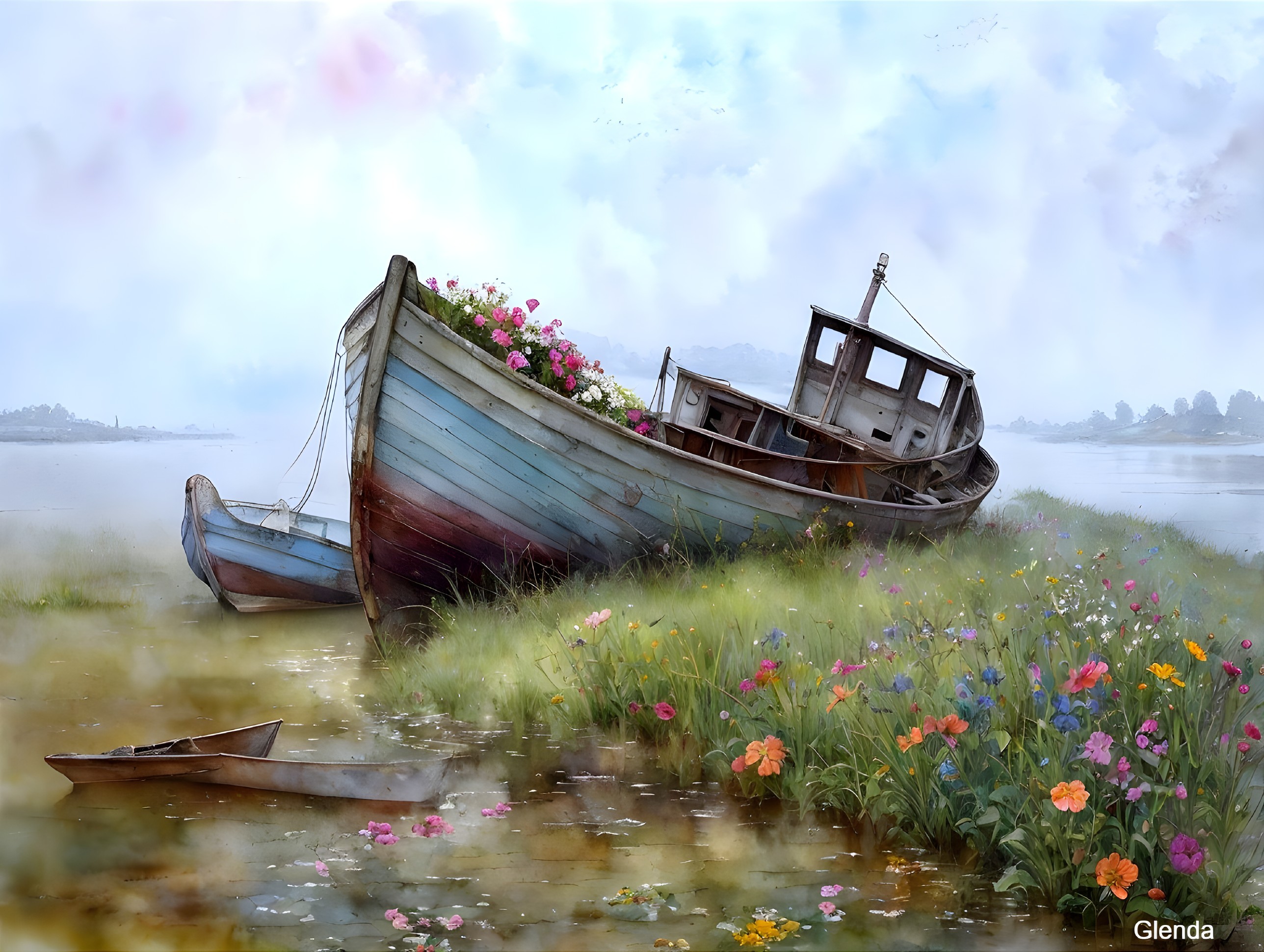 Abandoned Boat Surrounded by Wildflowers and Water