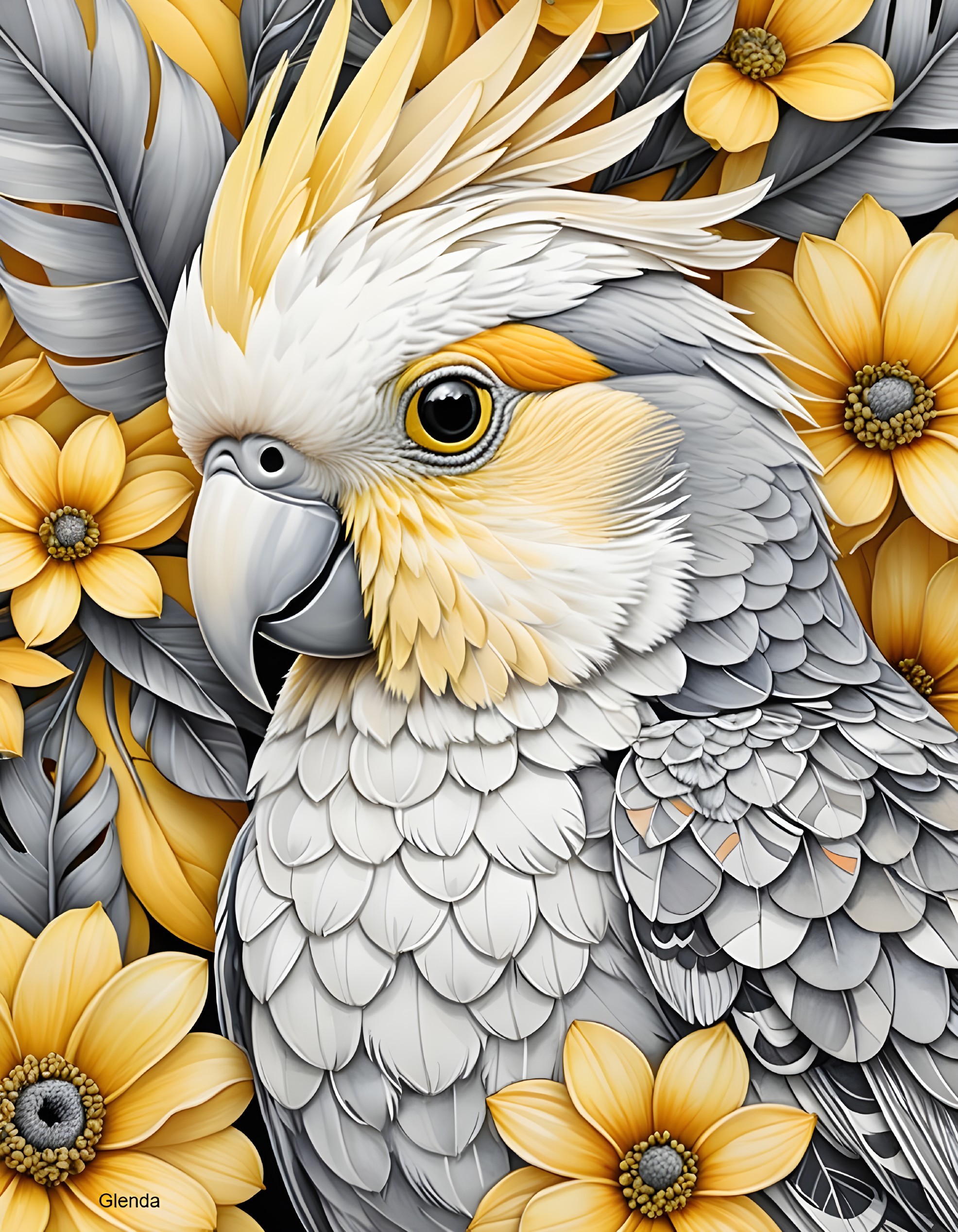 Illustration of a Cockatiel Among Yellow Flowers