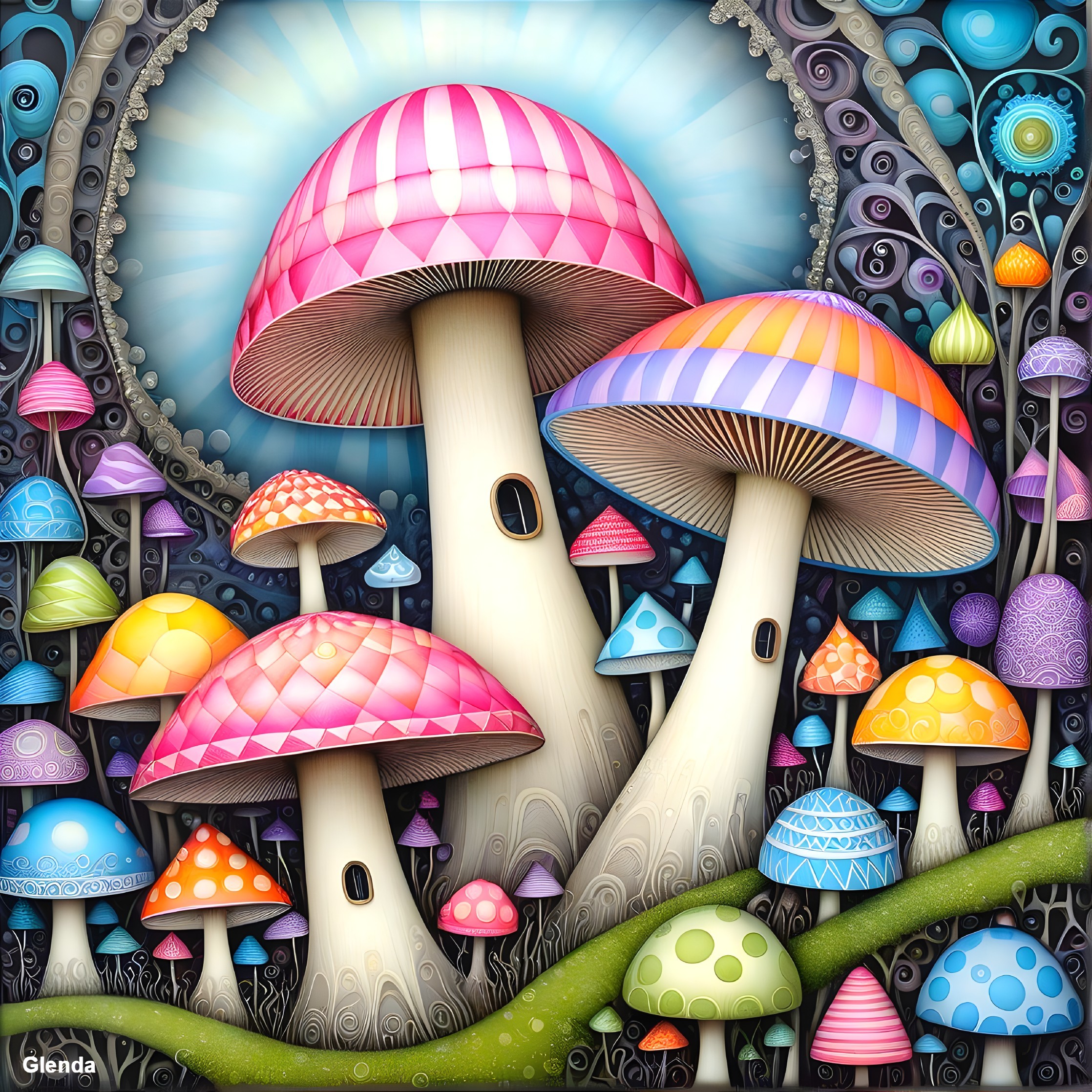 Whimsical Forest with Colorful Mushrooms and Sky