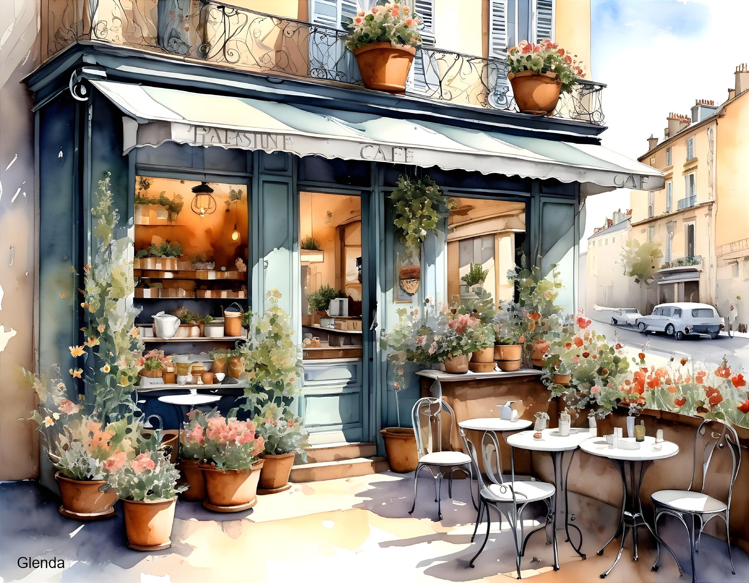Charming Blue Café with Outdoor Seating and Flowers