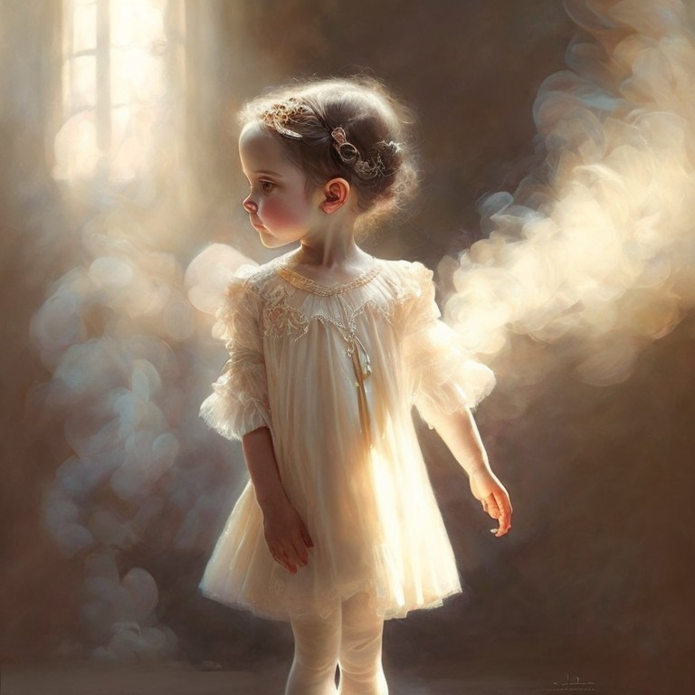 Young girl in white dress under beam of light with contemplative expression.