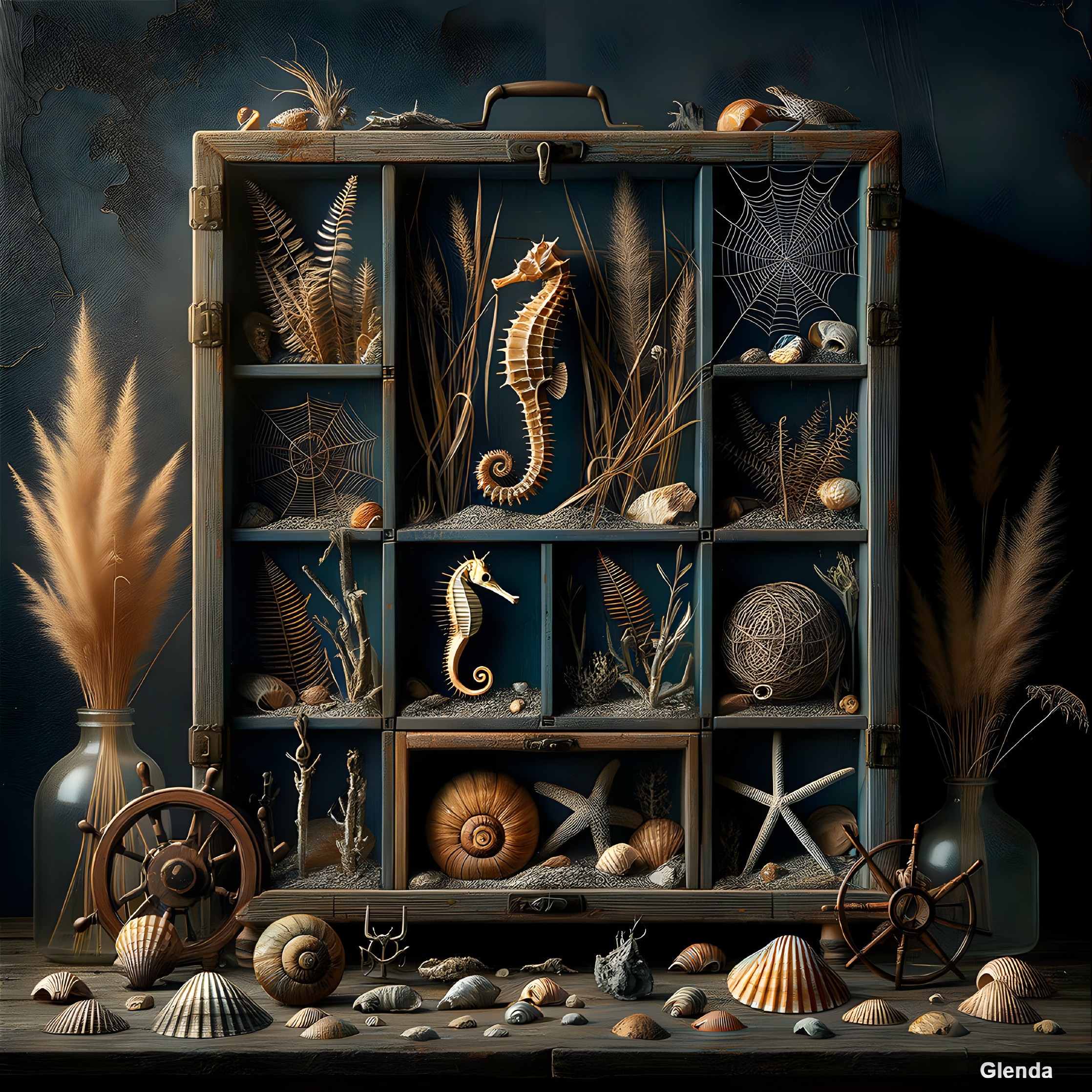 Vintage Display Cabinet with Ocean-Themed Treasures