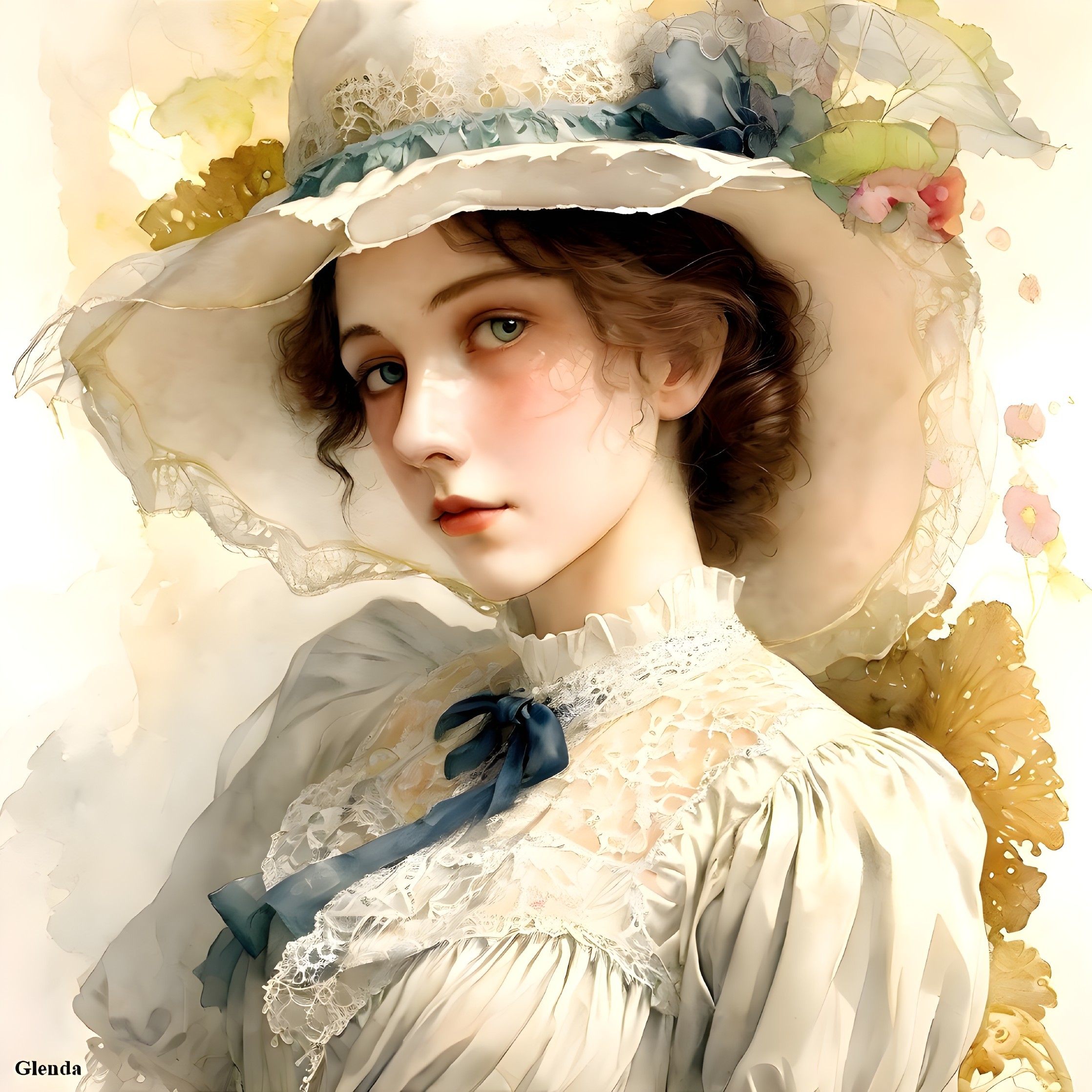 Young Woman in Vintage Outfit with Floral Hat
