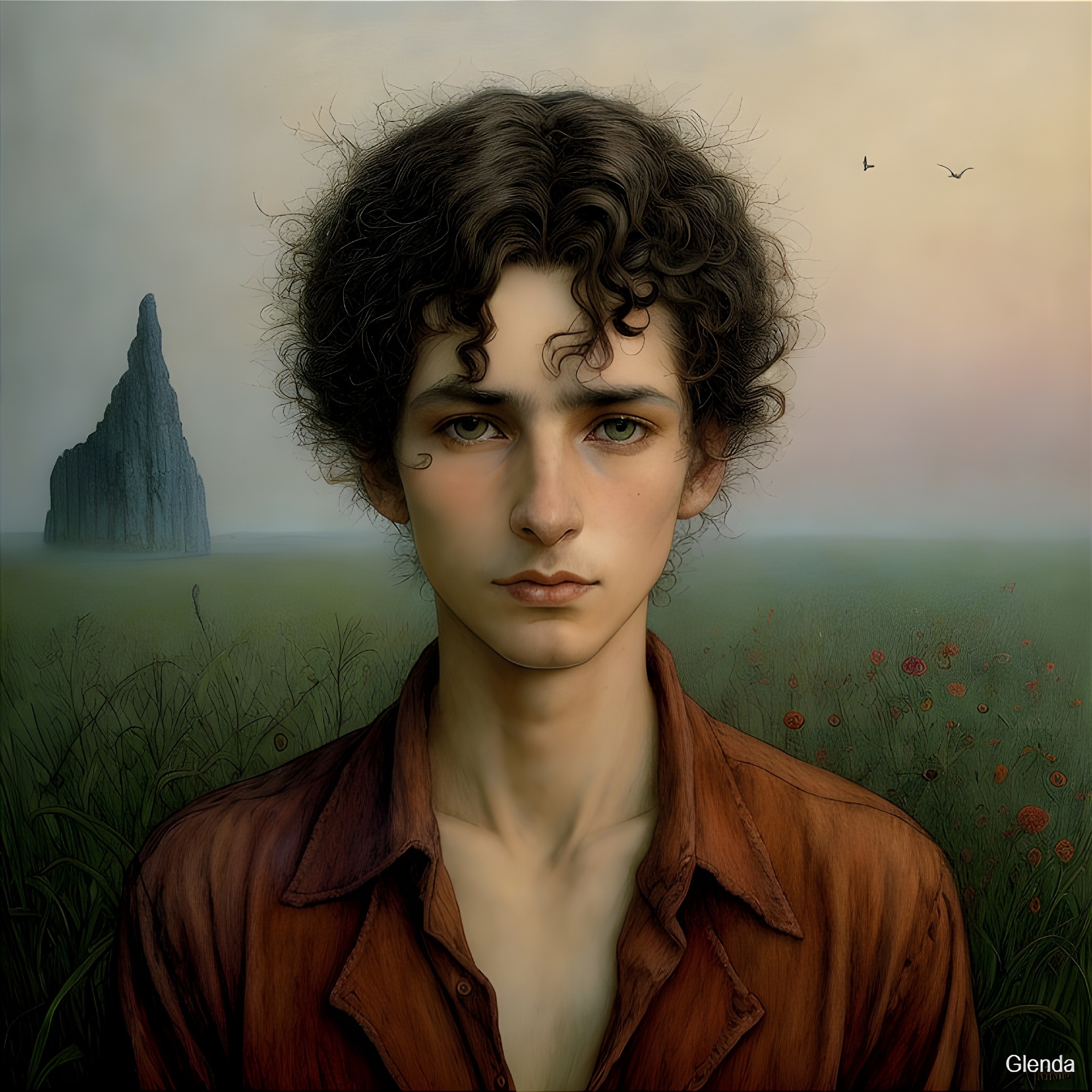 Young man in rustic shirt amidst serene landscape