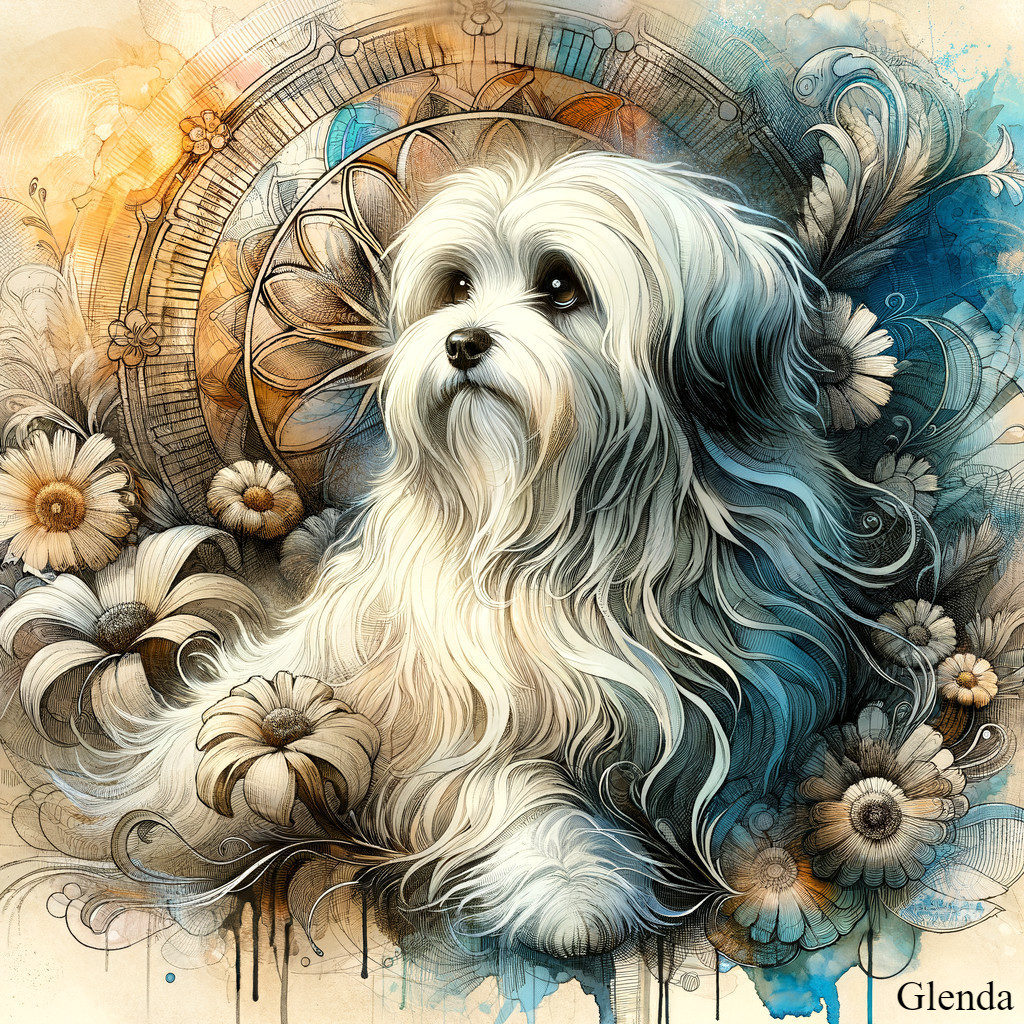 Fluffy White Dog Surrounded by Floral and Clockwork Design