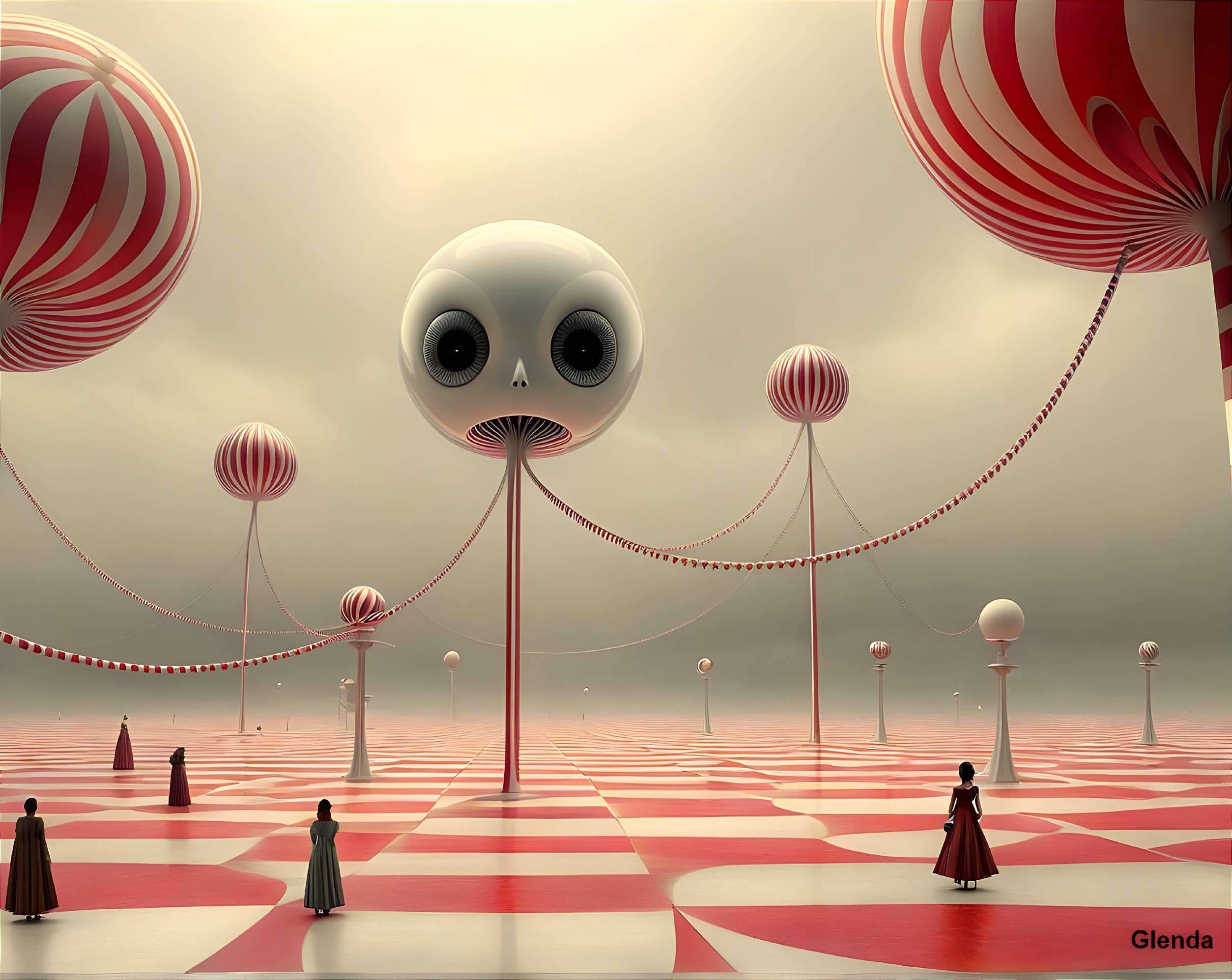 Surreal Landscape with Whimsical Structures and Figures