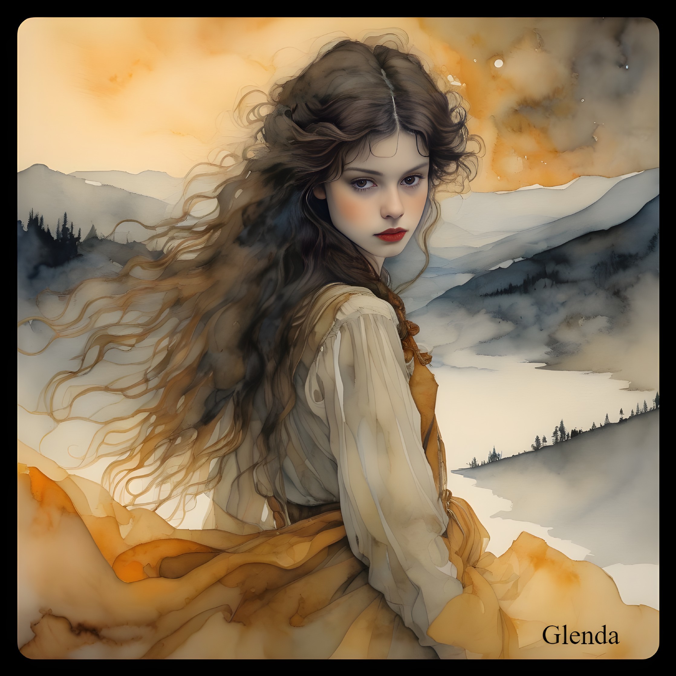 Illustration of a woman in vintage dress in misty landscape
