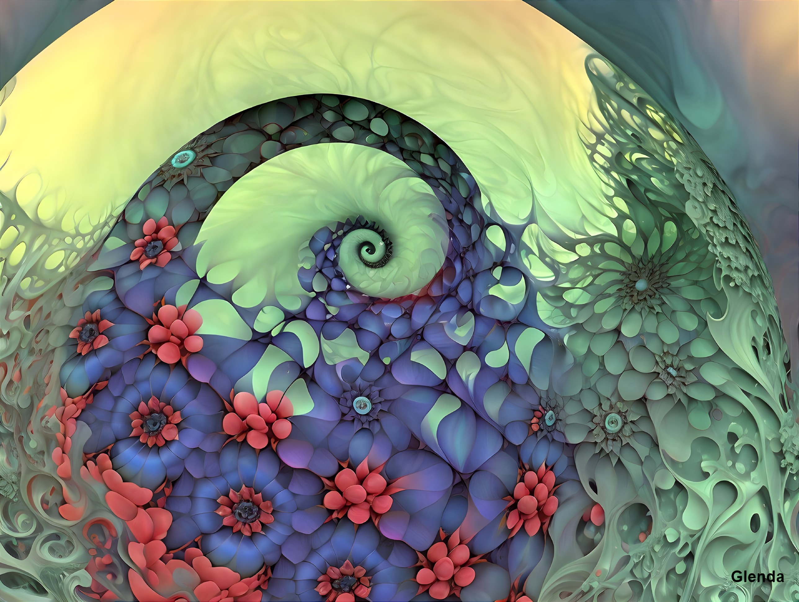 Abstract Spiral Pattern with Vibrant Floral Elements