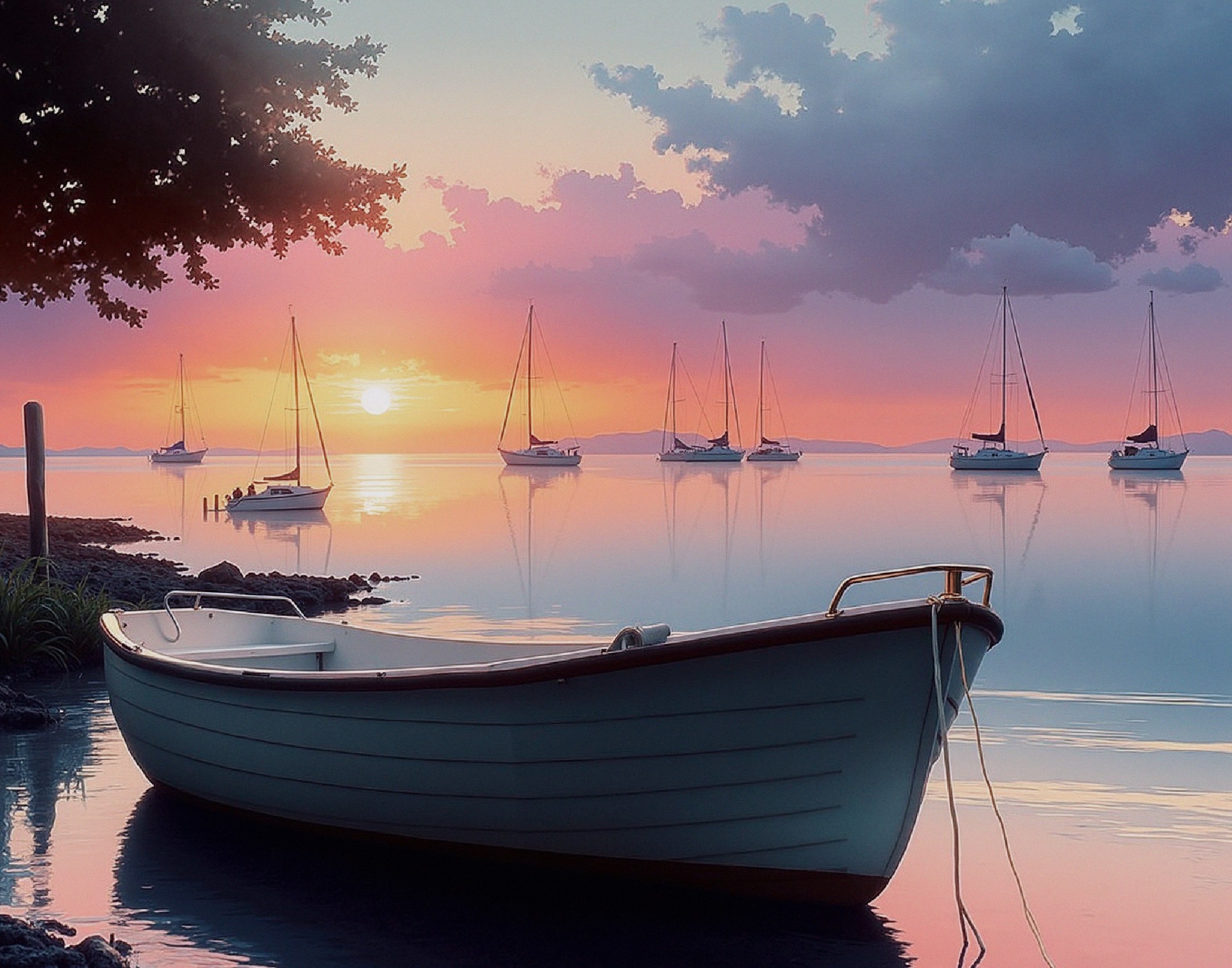Serene Waterfront Sunset with Anchored Boat and Sailboats