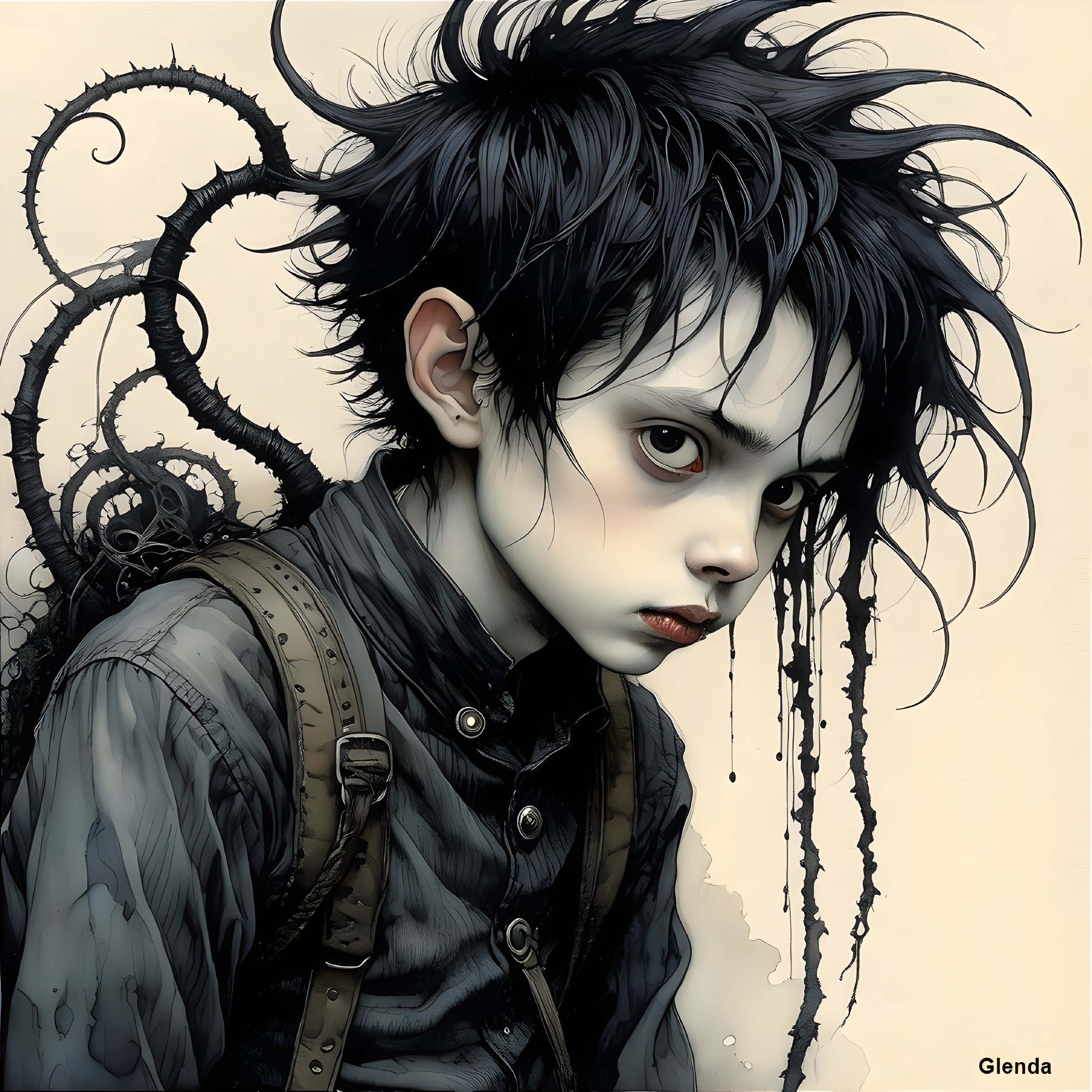 Young character in vintage outfit with dark tendrils