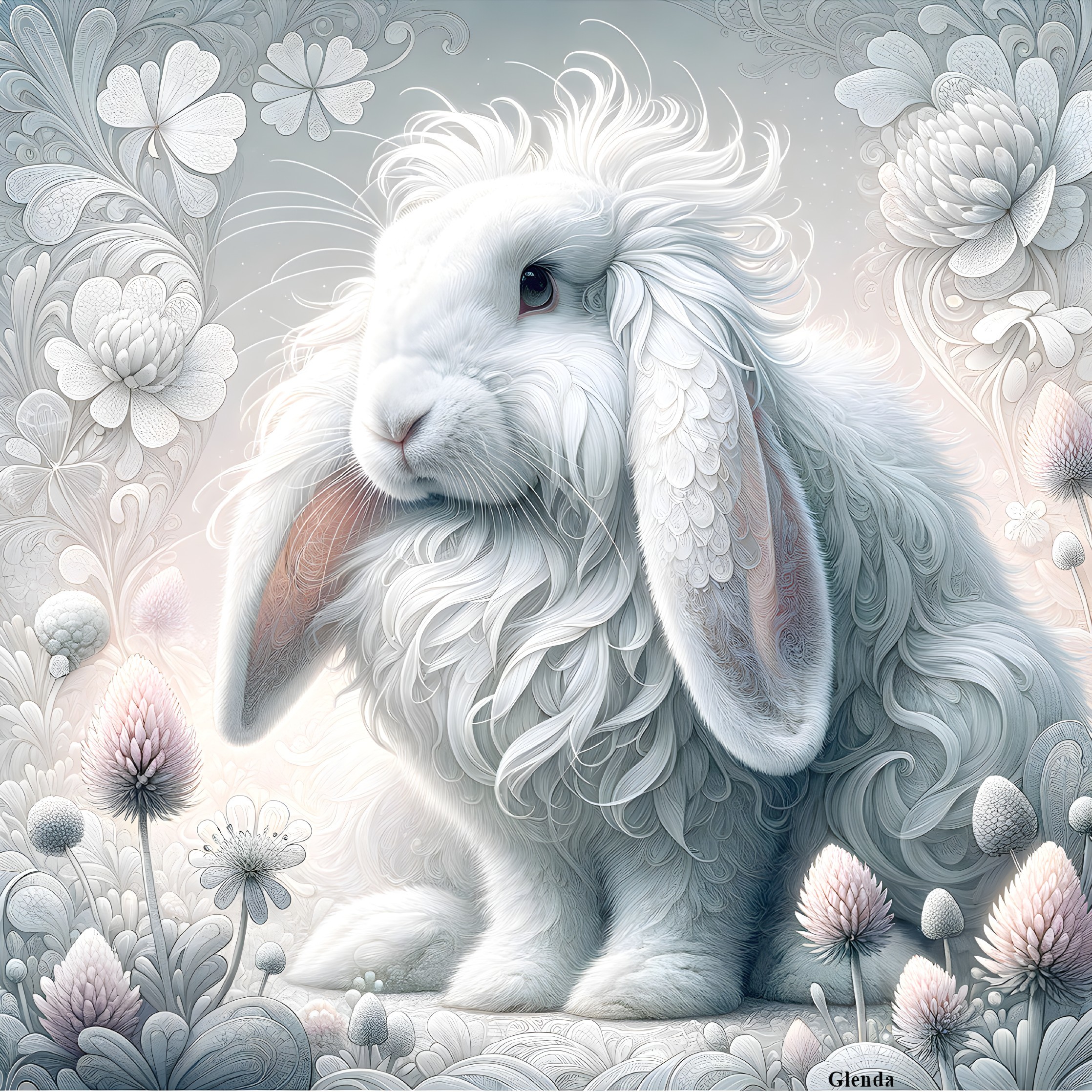 Fluffy White Rabbit Surrounded by Whimsical Flowers