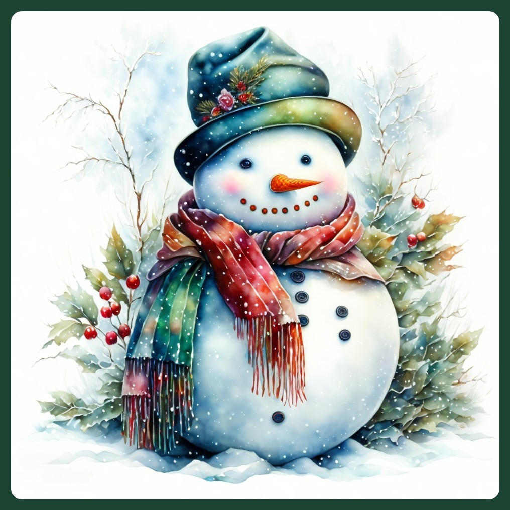 Cheerful snowman with top hat and scarf in snowy landscape