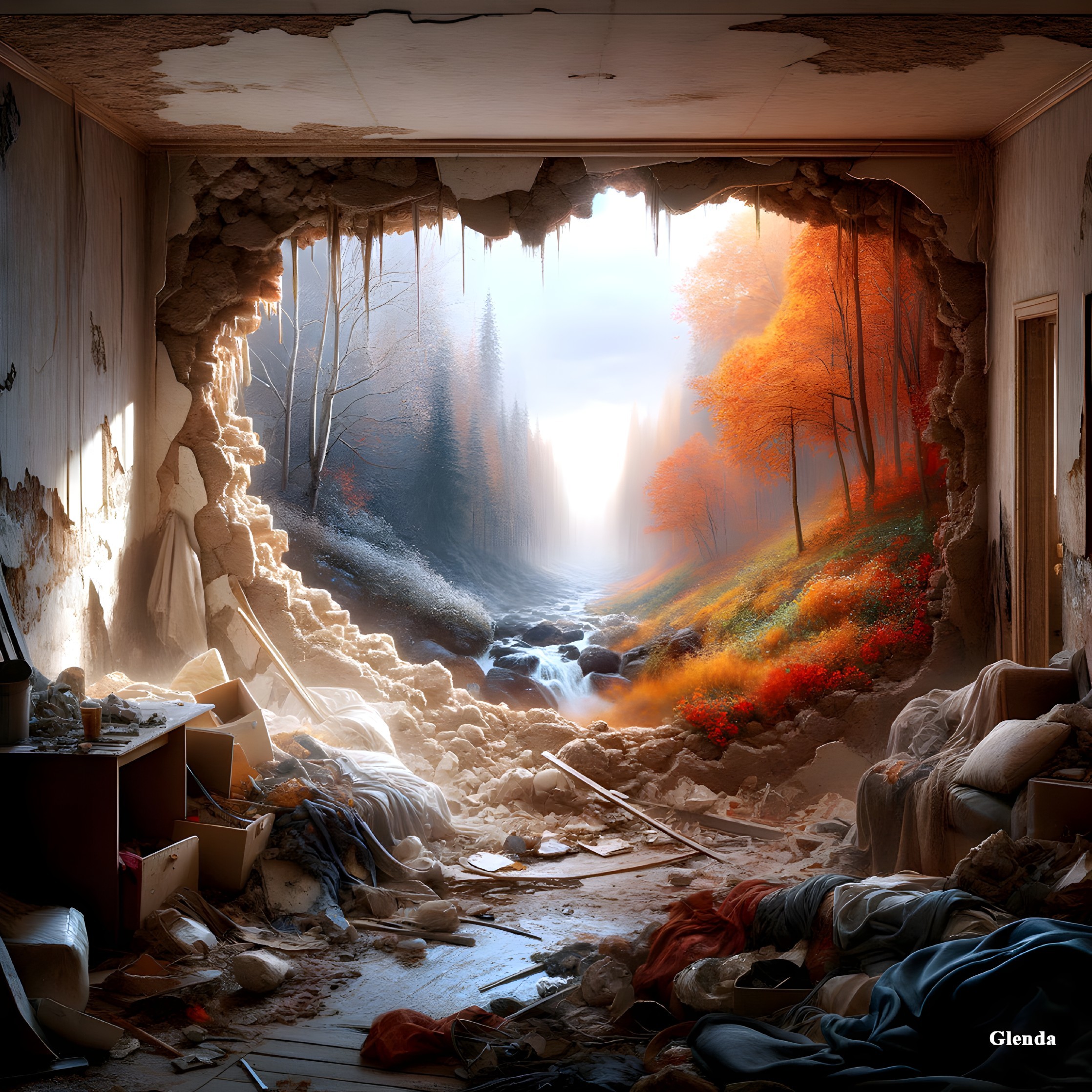 Dilapidated Room Overlooking a Vibrant Autumn Forest