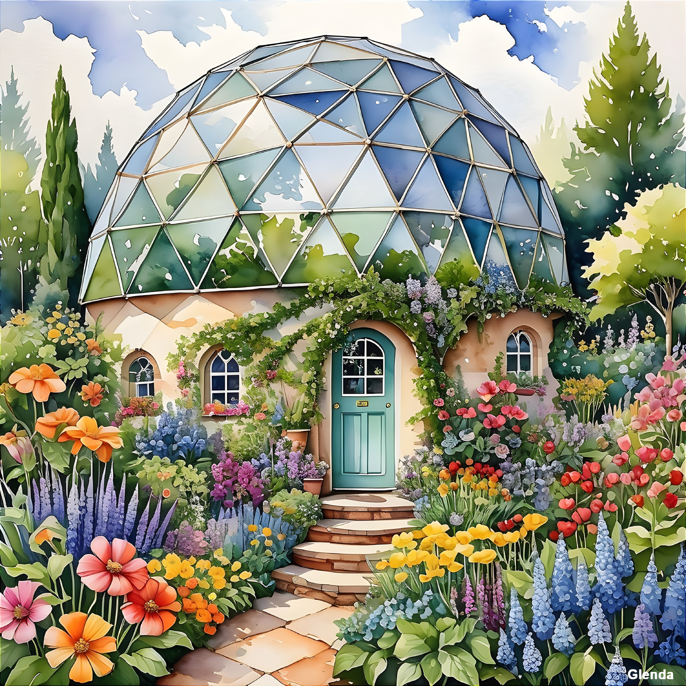 Dome-Shaped Greenhouse Surrounded by Vibrant Flowers