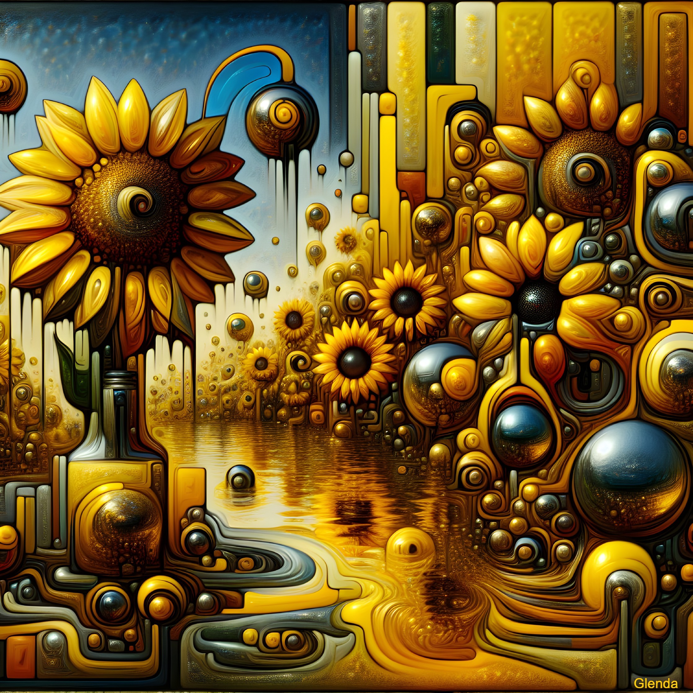 Surreal Landscape with Oversized Sunflowers and Orbs