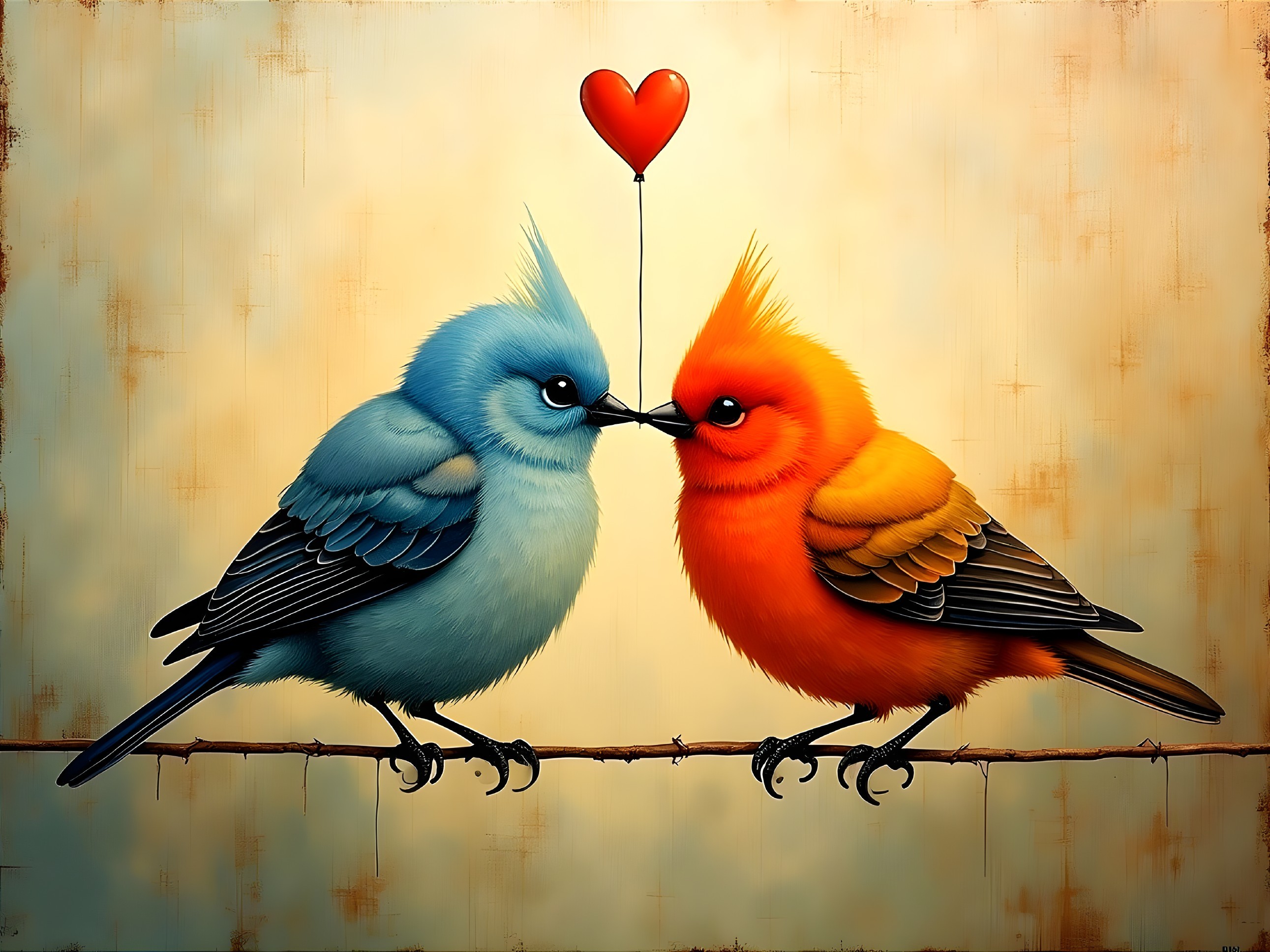 Colorful Birds on a Branch with Heart Symbol