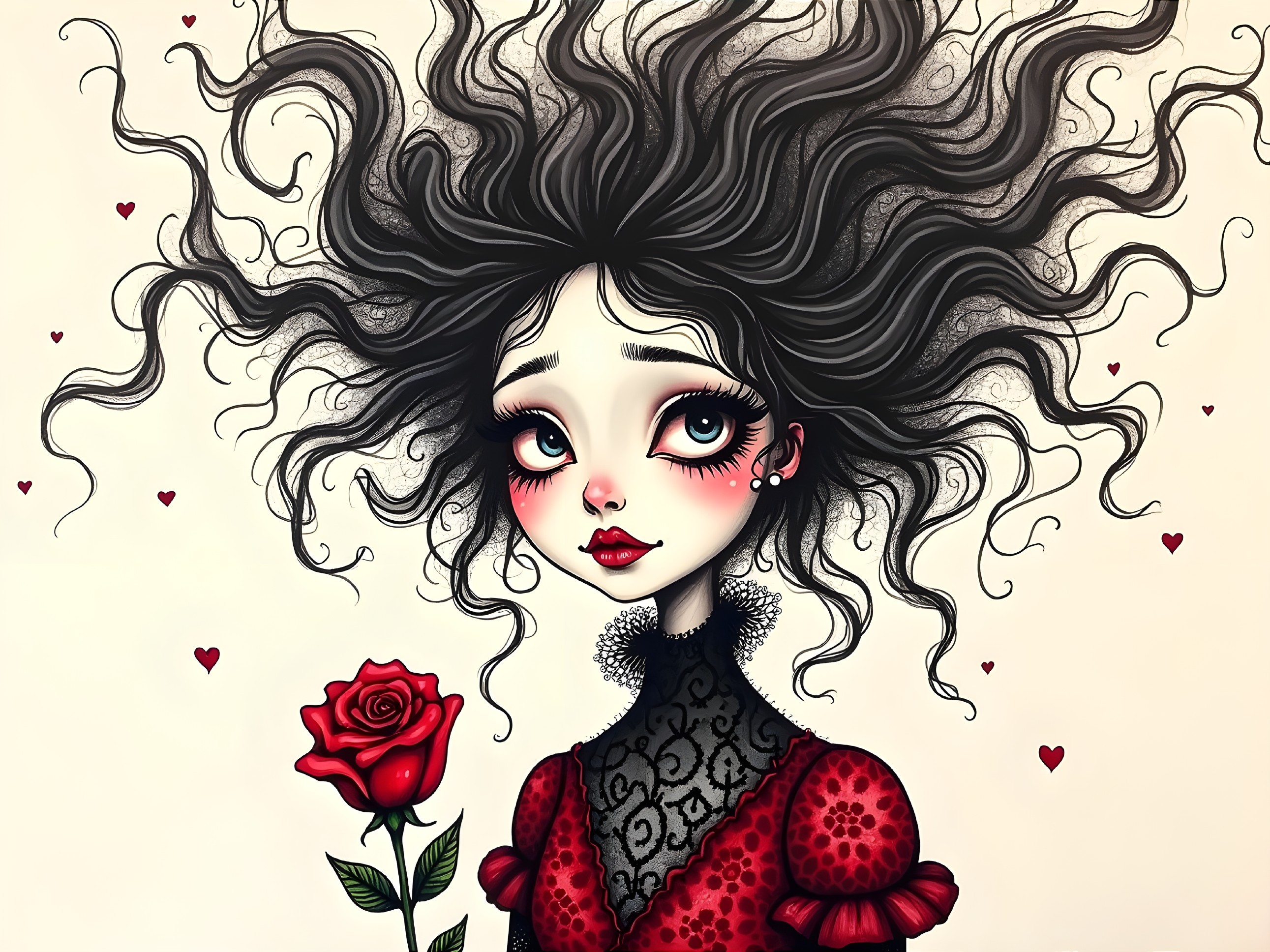 Whimsical Illustration of Girl with Red Dress and Rose