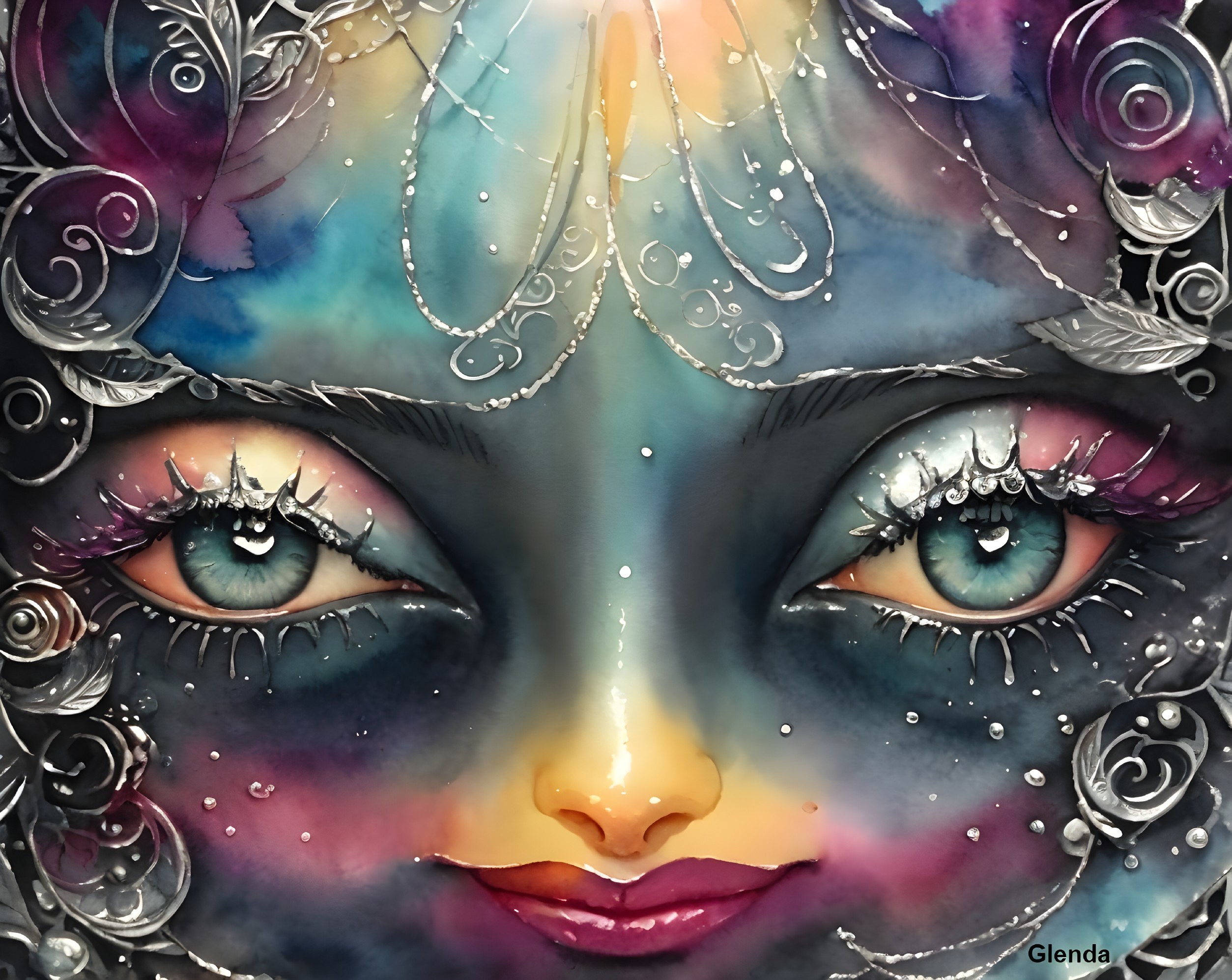 Vibrant Portrait with Enchanting Eyes and Floral Designs