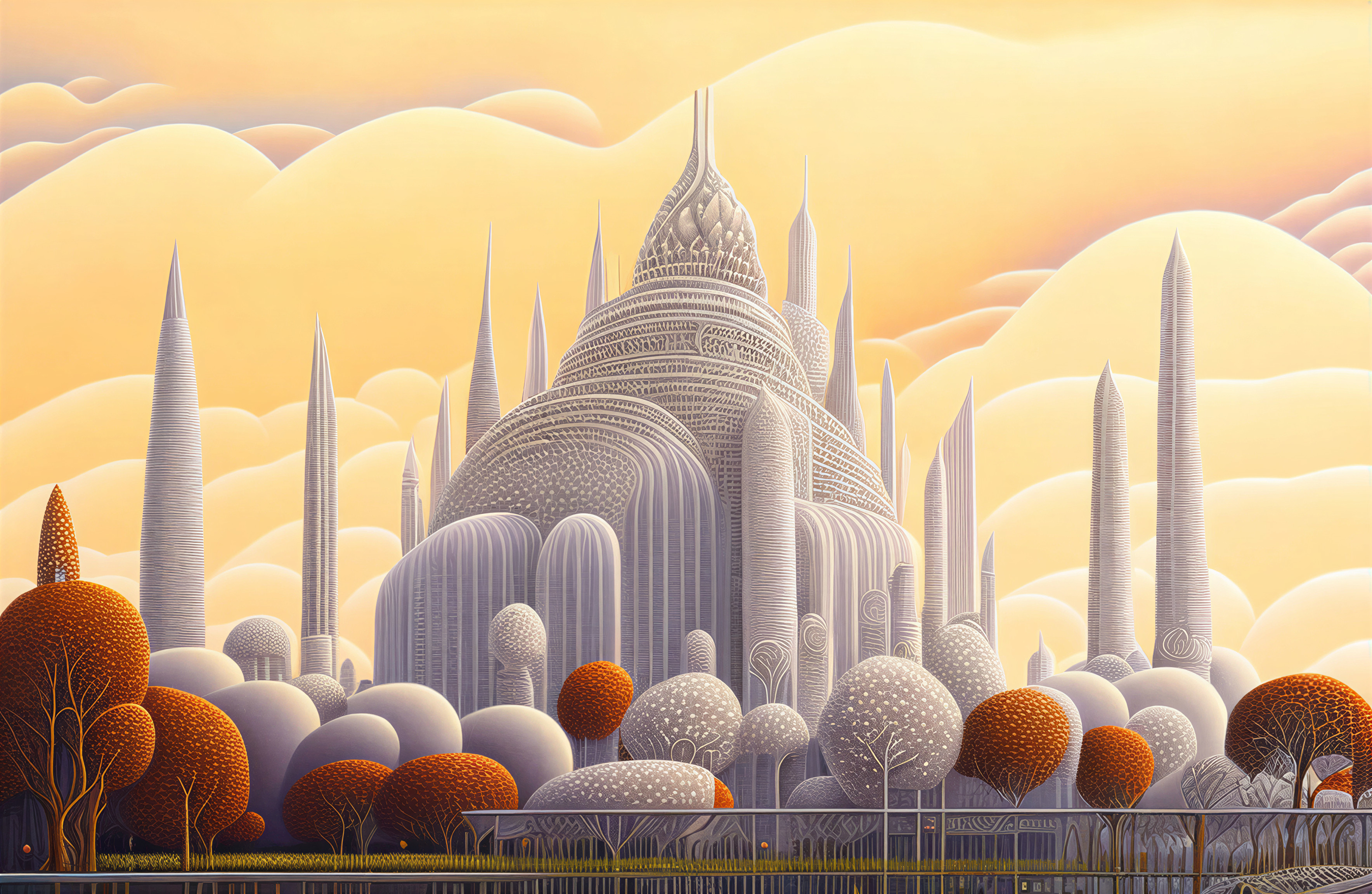 Fantastical White Cityscape with Towering Spires