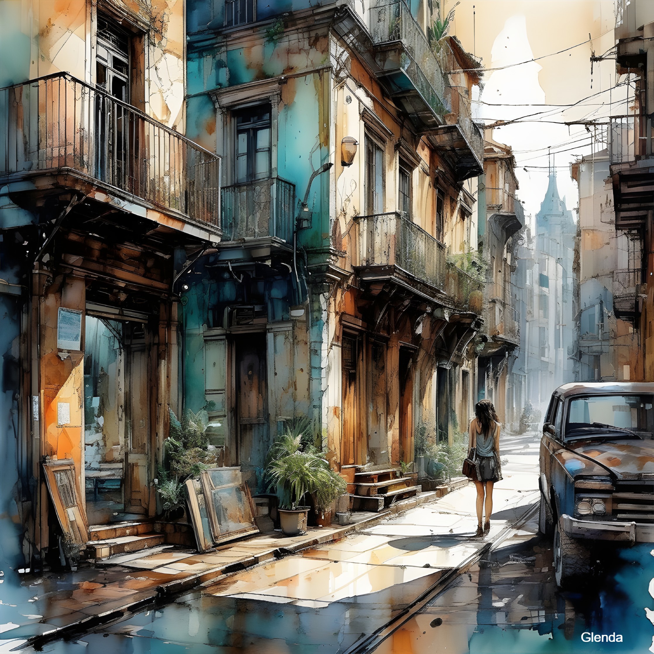 Vibrant Urban Scene with Colorful Buildings and Balconies
