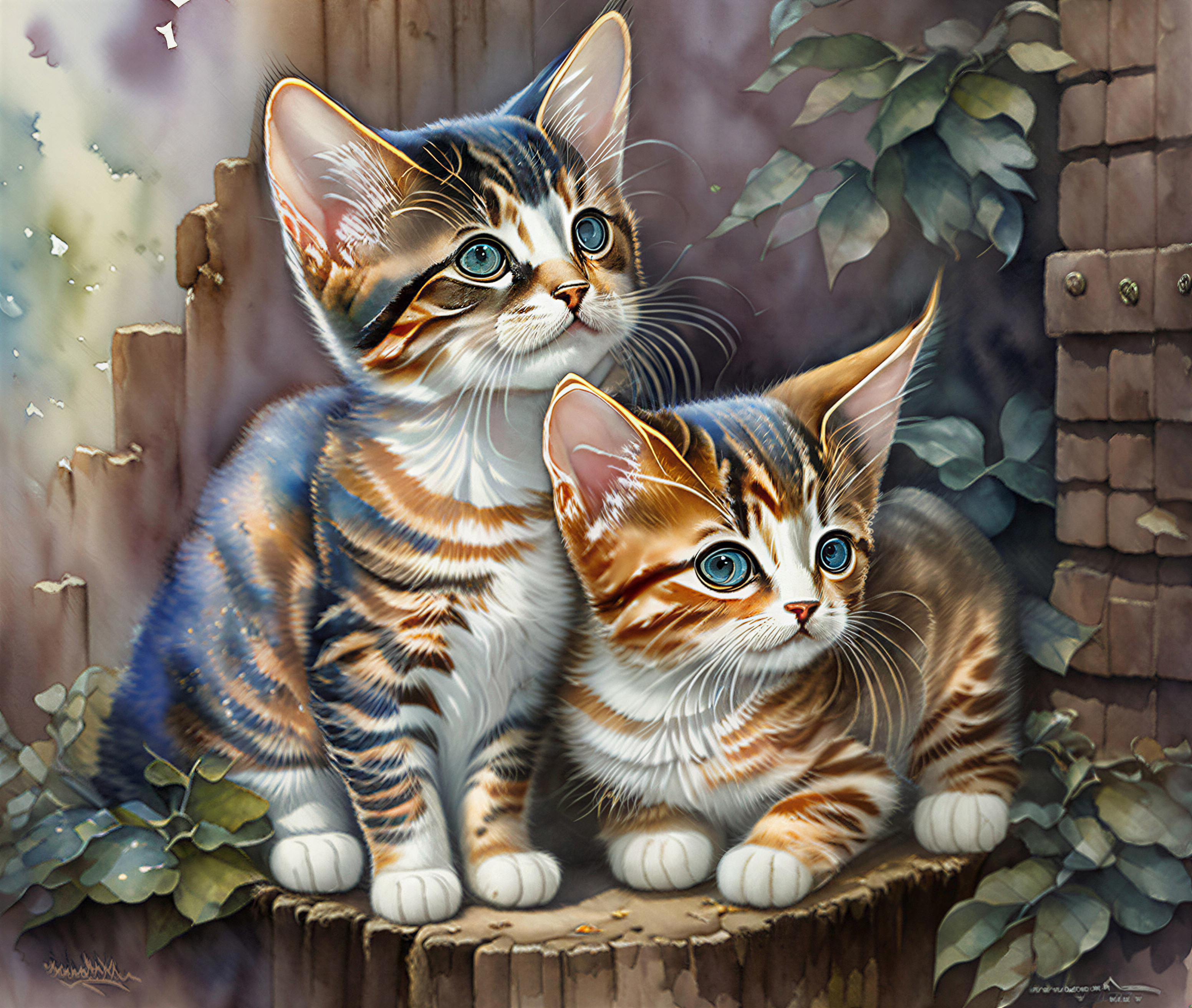 Kittens on a Stump in a Lush Green Setting
