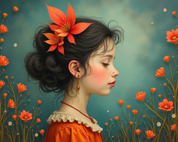 Young girl with curly hair and orange flowers