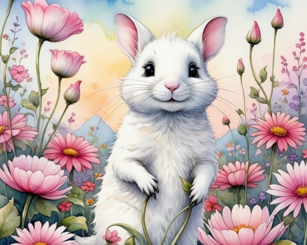 Fluffy White Rabbit Surrounded by Pink Flowers