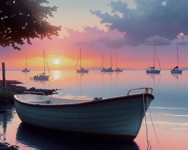 Serene Waterfront Sunset with Anchored Boat and Sailboats