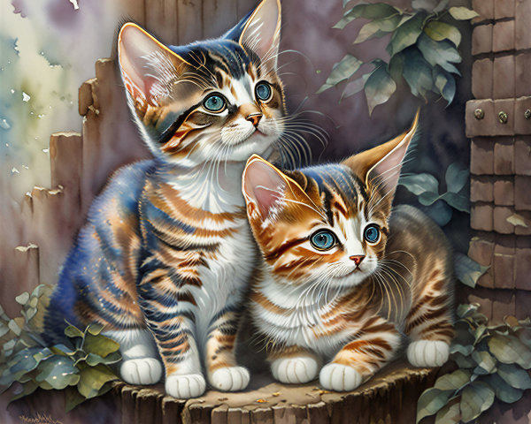 Kittens on a Stump in a Lush Green Setting